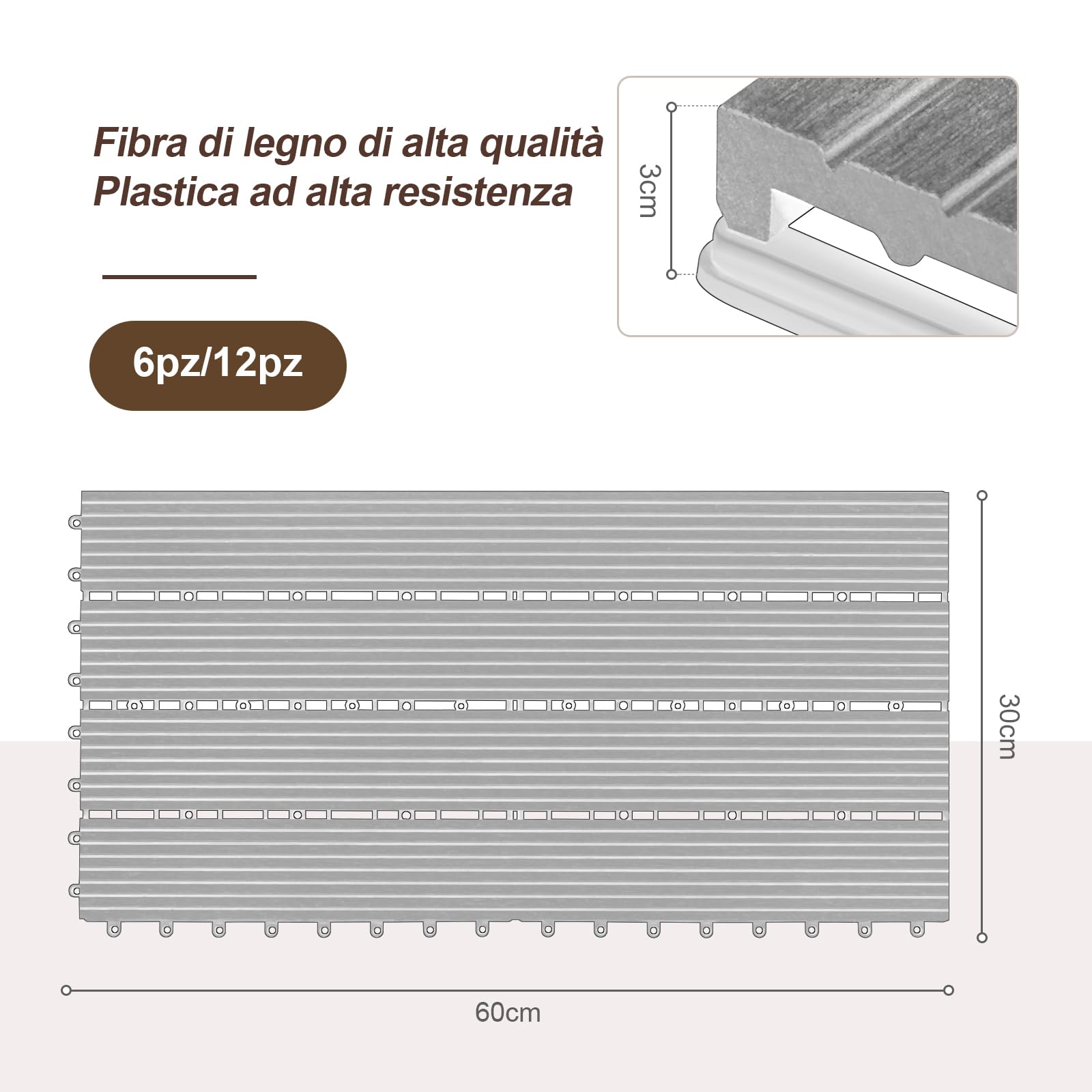 Laneetal Set di 12 Pavimento per Esterno, Pavimento WPC Incastro, per Giardino, Patio, Terrazza, Balcone, Pavimentazione Esterna 30x60 cm, Marrone Chiaro