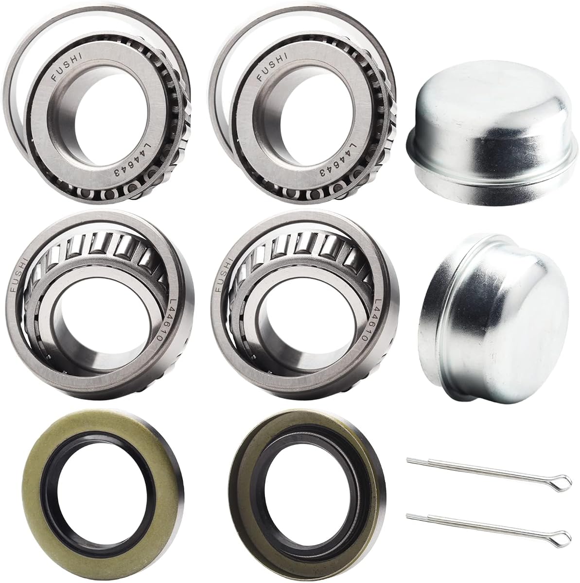 2 Set Fits for 1'' Axles Trailer Wheel Hub Bearings Kit, L44643/L44610,1.000" ID, 1.980" OD, 0.580" Width，12192TB Seal OD 1.980'',Dust Cover and Cotter Pin.