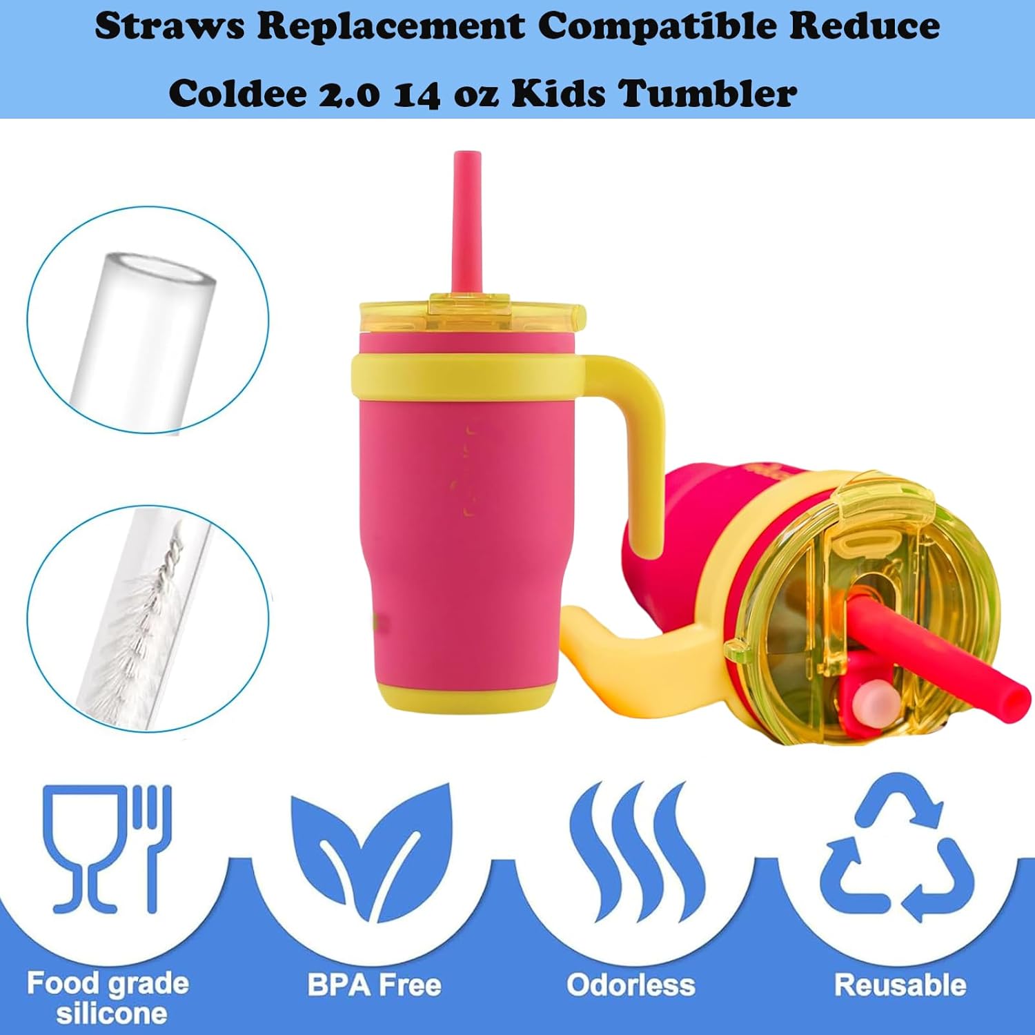 6 PCS Straws Replacement Compatible with 14 oz Reduce Kids Coldee 2.0 Tumbler - Reusable Silicone Valve and Straw with Cleaning Brush - Spill-Proof Reduce Straw Replacement BPA-Free - Image 3