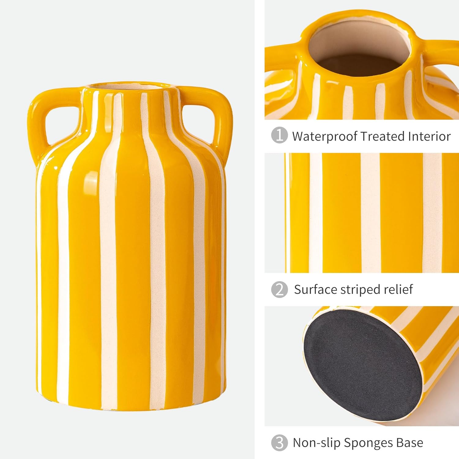 Yellow and White Ceramic Vase with Handles, Stripes Floral Vase for Home Decor, Flowers Kitchen Bookshelf Mantle, Living Room Coastal Decor, Rustic Table Centerpiece, Cottage Core Decor 9.1 in - Image 2