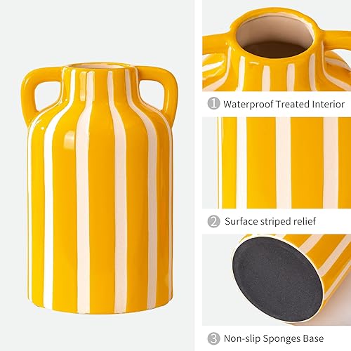 Miniatura 2 de Jarrón de cerámica amarillo y blanco con asas, jarrón floral a rayas para decoración del hogar, mantel de estantería de cocina de flores, decoración
