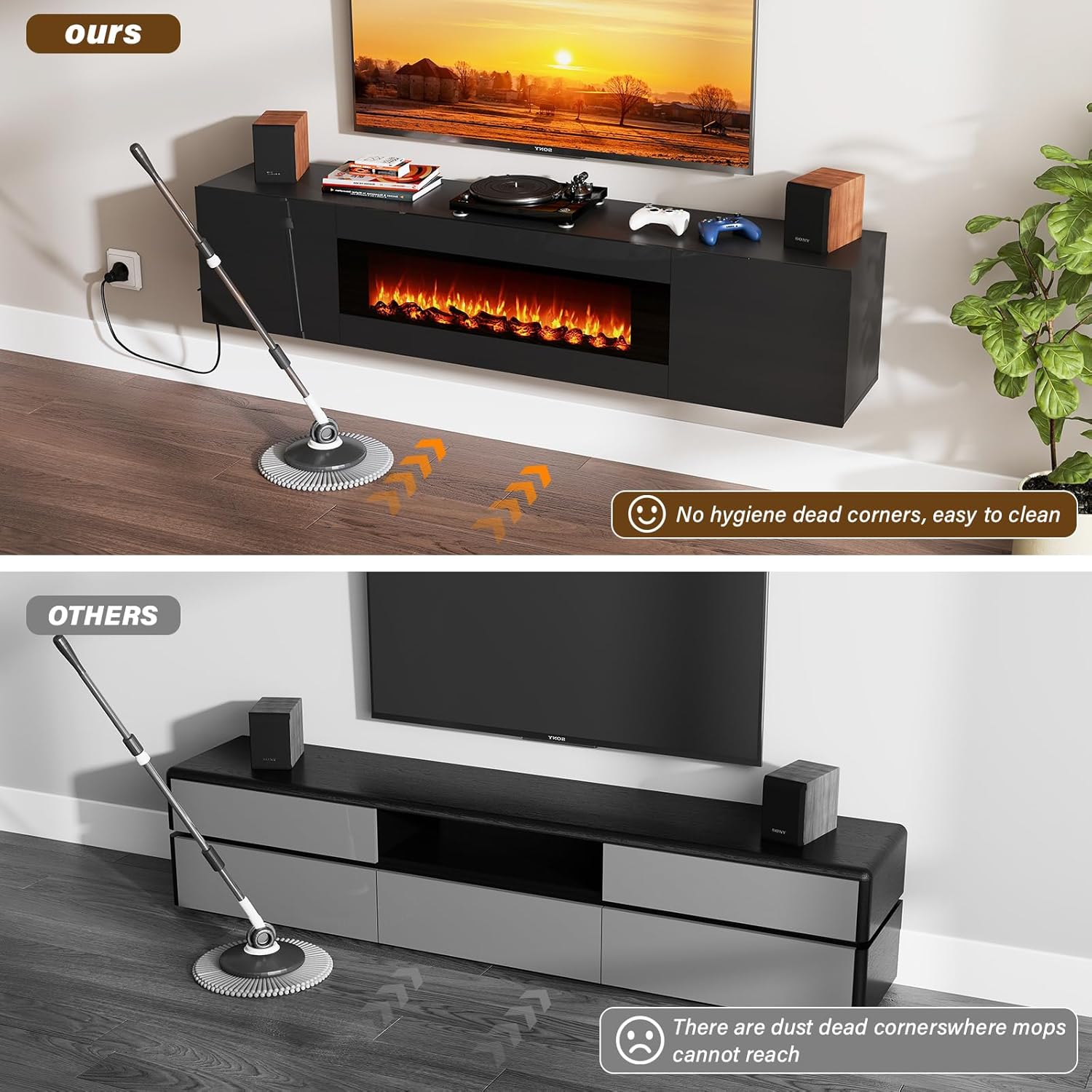 70'' Floating TV Stand with Fireplace, Wall Mounted Fireplace Entertainment Center with Storage for TVs Up to 80", High Gloss TV Cabinet for Living Room, No Heat Log Fireplace, Black
