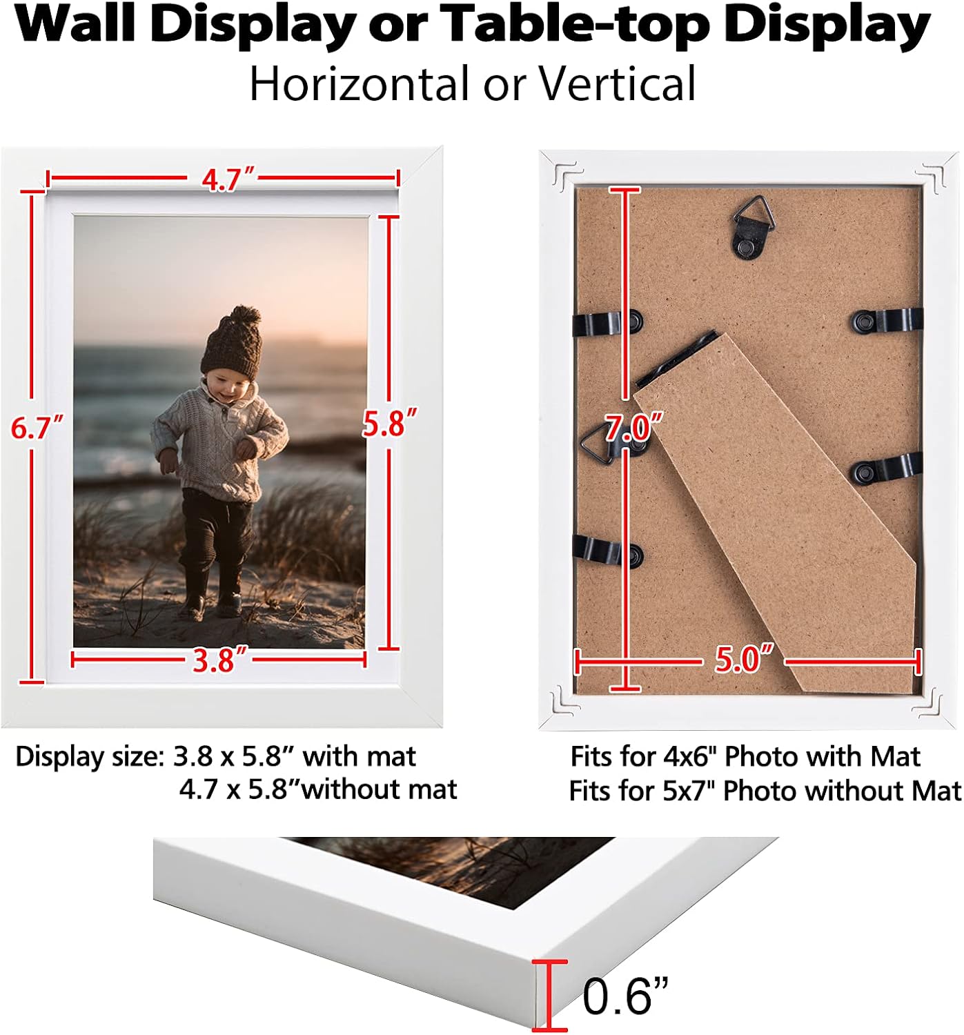 KINLINK 5x7 Picture Frame White Set of 1, Wooden Photo Frame Matted 4x6 with Plexiglass for 4x6 with Mat or 5x7 without Mat for Table and Wall Display - Image 7