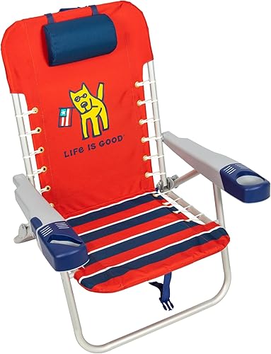 Life is Good Silla de playa con mochila con cordones de 4 posiciones con almohada, taza y soporte para teléfono, rojo desteñido