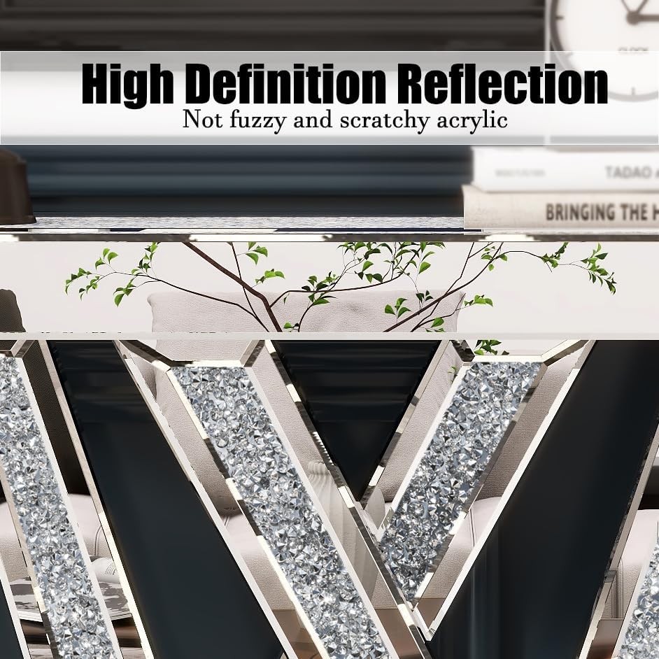 Miniatura 3 de Mesa consola moderna plateada con espejo, mesa de sofá de cristal con incrustaciones de cristales triturados, mesa de entrada de 35 pulgadas con