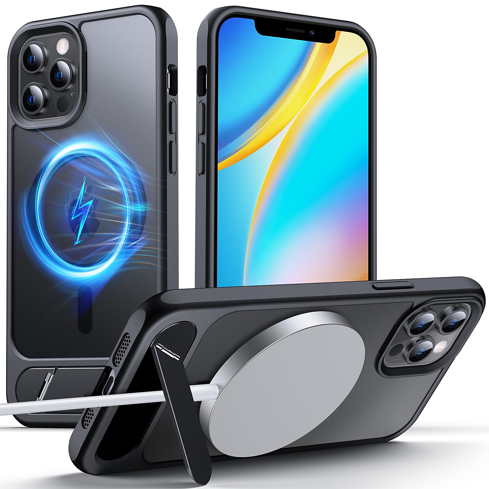 Photo 1 of Anqrp Magnetic Case for iPhone 12/12 Pro, Innovative Invisible Stand, [Compatible with Mag-Safe], Military Drop Shockproof Translucent Matte Phone Case Cover for iPhone 12/12 Pro 6.1" Black