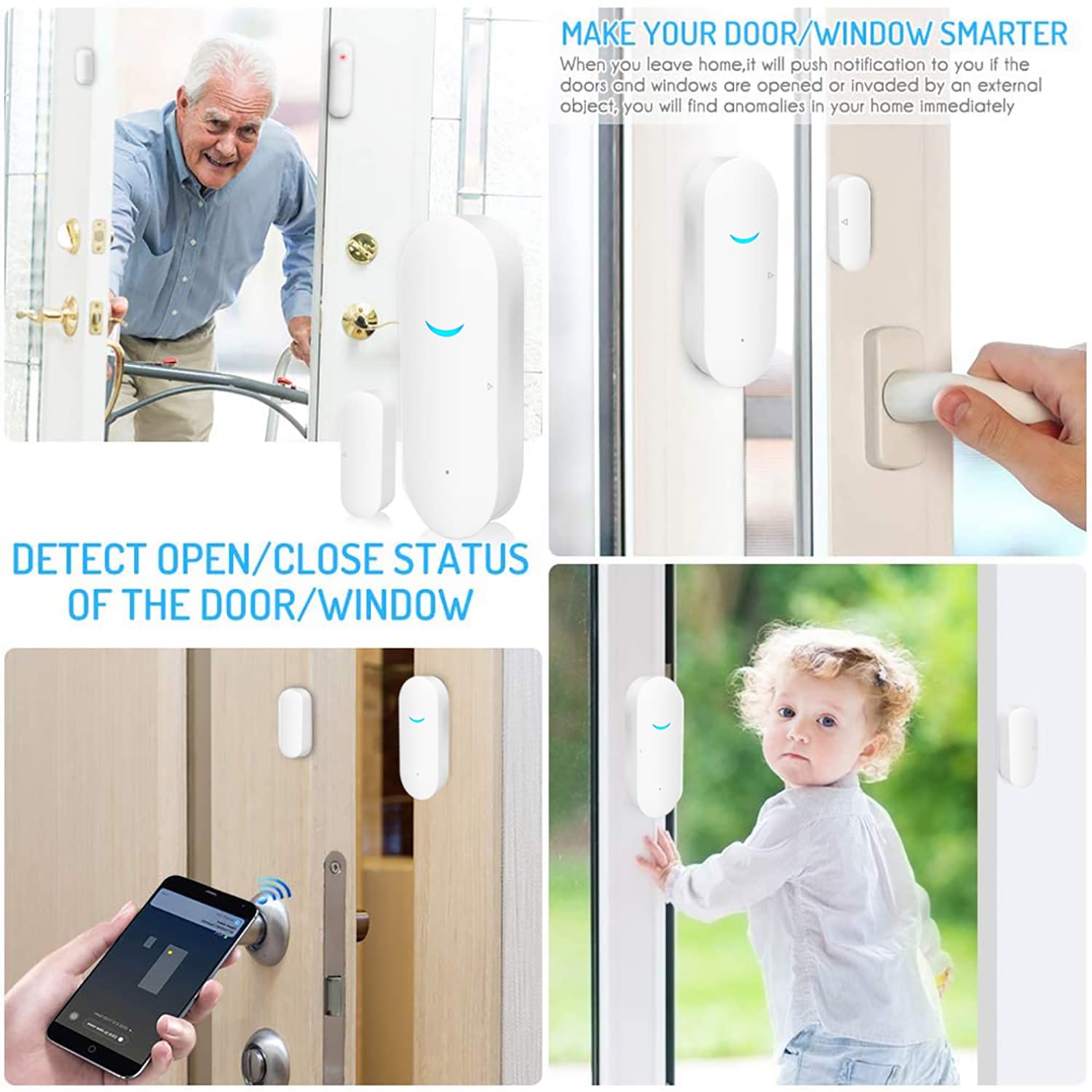 Sensor de Ventana de Puerta WiFi: Sensor de Ventana Inteligente con notificación Gratuita, Sistema de Seguridad para el hogar Inteligente, Compatible con Alexa Google Home (Paquete de 4)