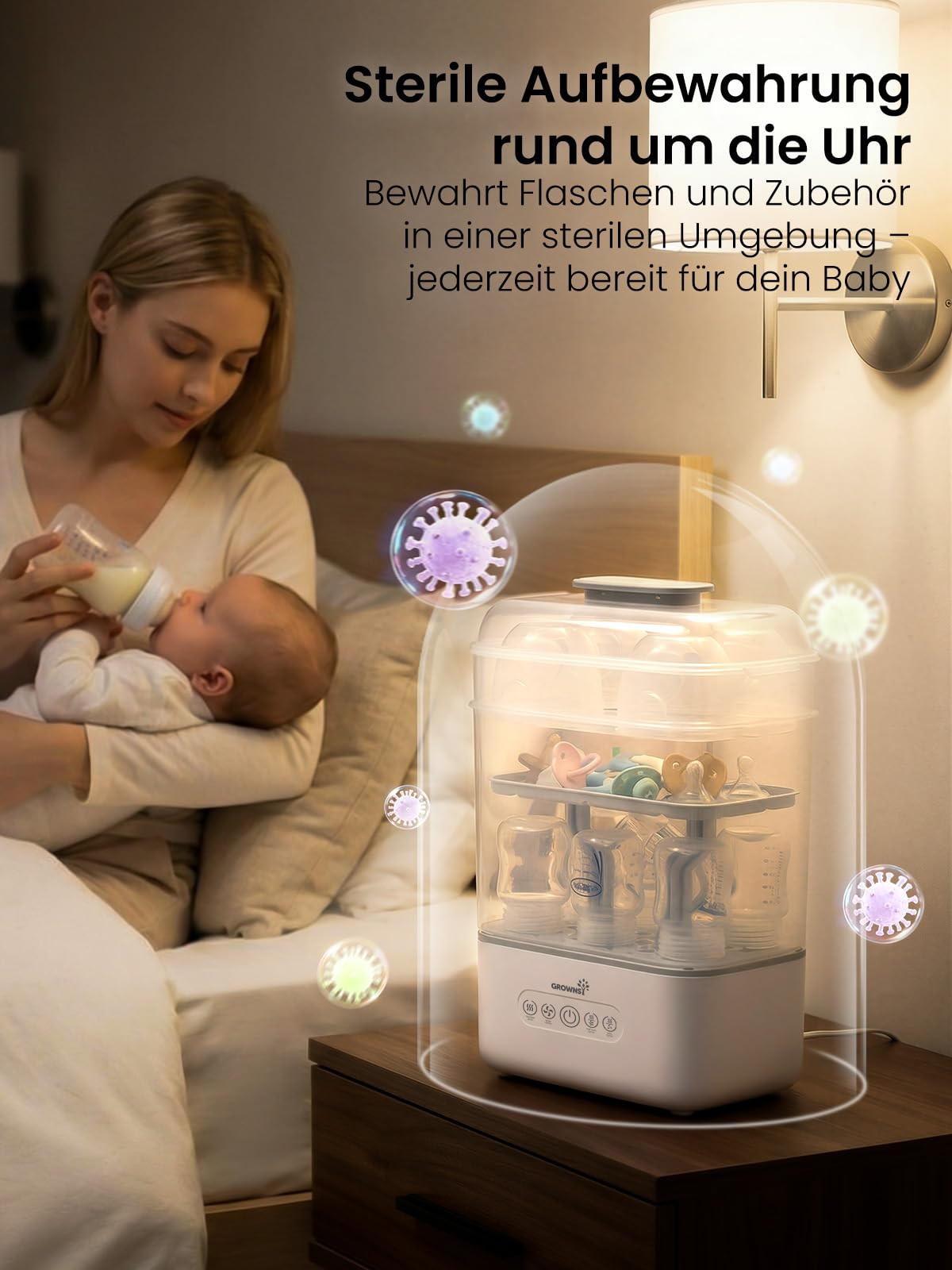 Grownsy Babyflaschen Sterilisator und Trockner, 3 Ebenen für 6-10 Flaschen, 8 Min Dampfsterilisation, BPA-frei, für Flaschen, Schnuller & Milchpumpenzubehör
