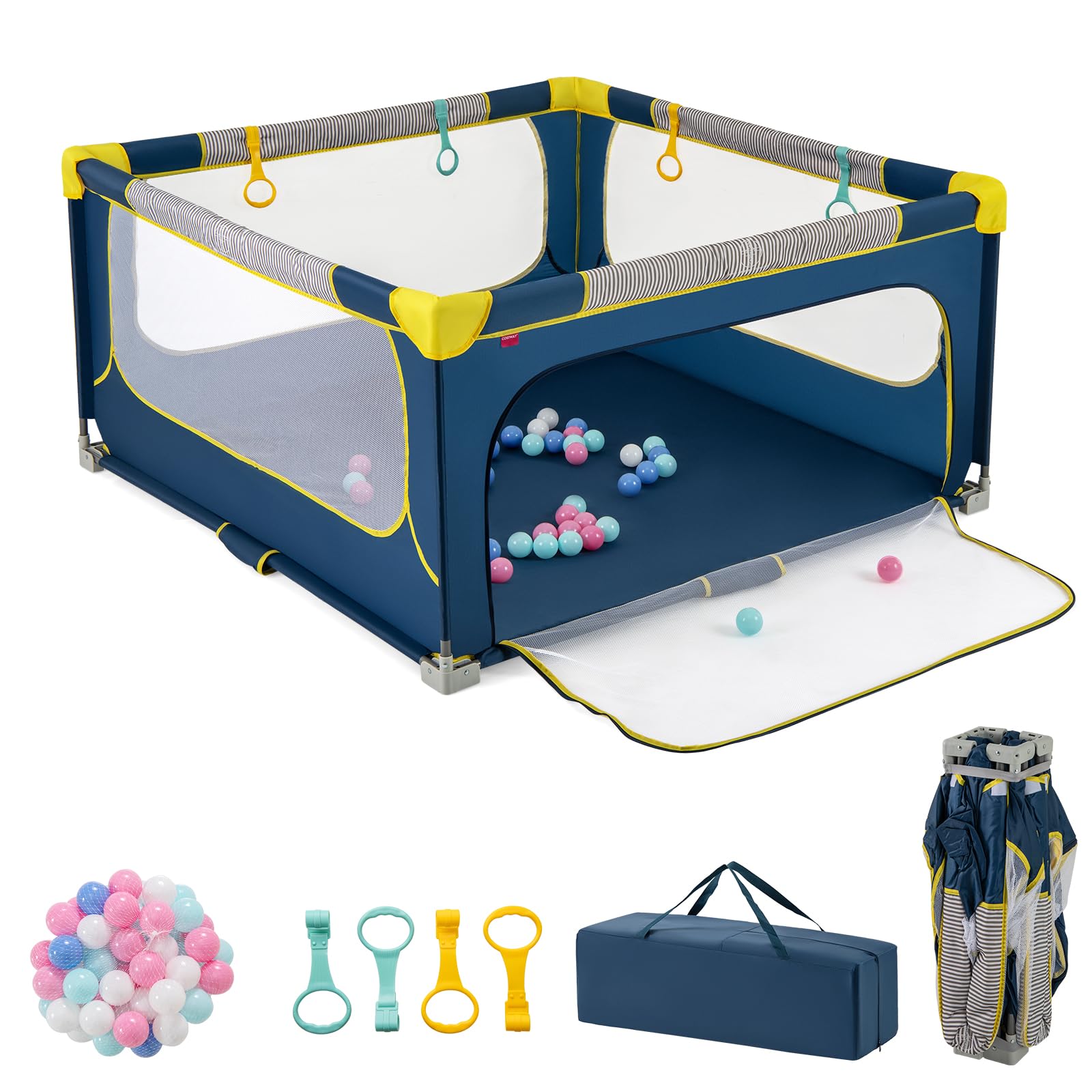 GOPLUS 150 x 150cm Laufstall Babys, Laufgitter tragbar mit 50 bunten Bällen, 4 Griffen & Tragetasche, umzäunter Spielbereich mit Reißverschlusstoren für Kinder drinnen und draußen (Blau)