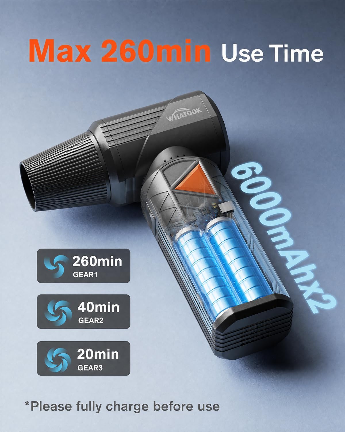 The WHATOOK W02 Pro air duster with an illustration of its internal battery cells and a graphic indicating battery life: 260 minutes on Gear 1, 40 minutes on Gear 2, and 20 minutes on Gear 3.