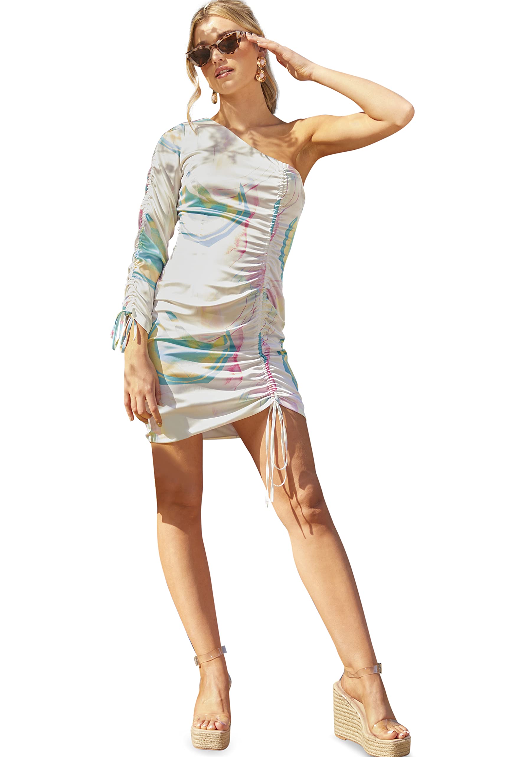 Chi Chi London Mini Abito con Stampa Astratta Increspata Una Spalla in Multi Vestito Donna