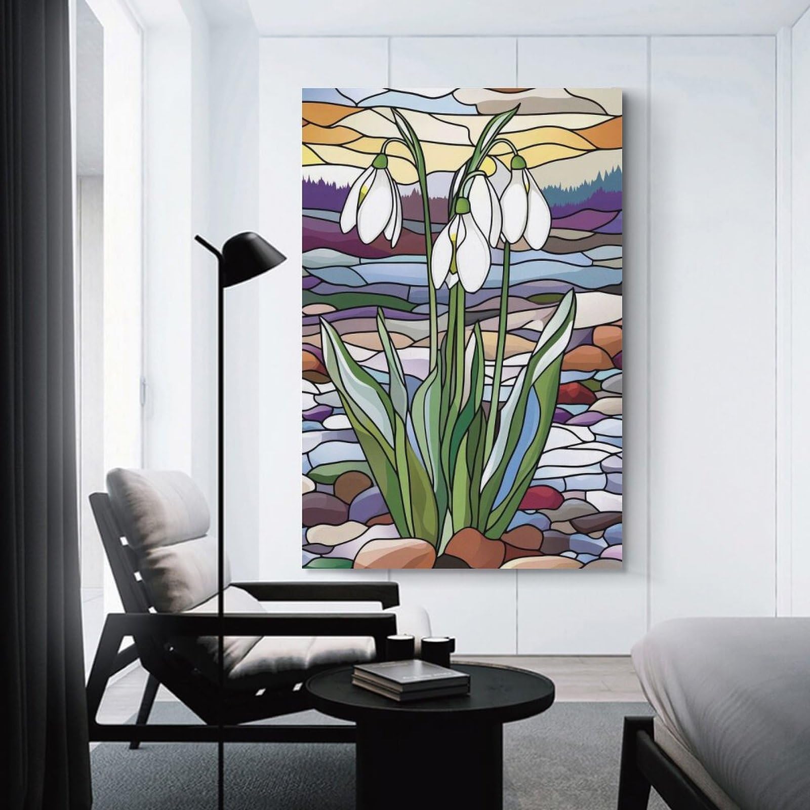Junmoney Snowdrops in Stained Glass Wall Art Print 20x30inch(50x75cm), for Living Spaces, Bedrooms Or Relaxed Rooms, A Home Accent with Warm Character