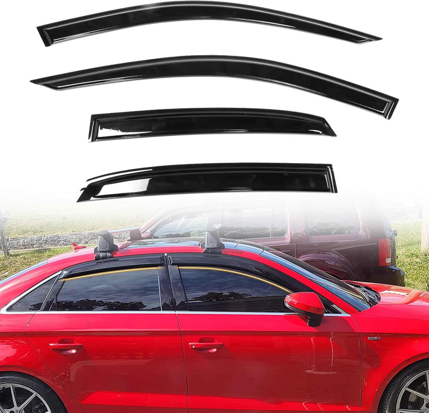 Tape on Window Visor Deflectors, Compatible with 2013-2019 Audi A3 S3 RS3 Sedan, Acrylic Smoke Tinted Slim Style Window Rain Guards, Sun Wind Side Vent Visor Set, 4 Pieces