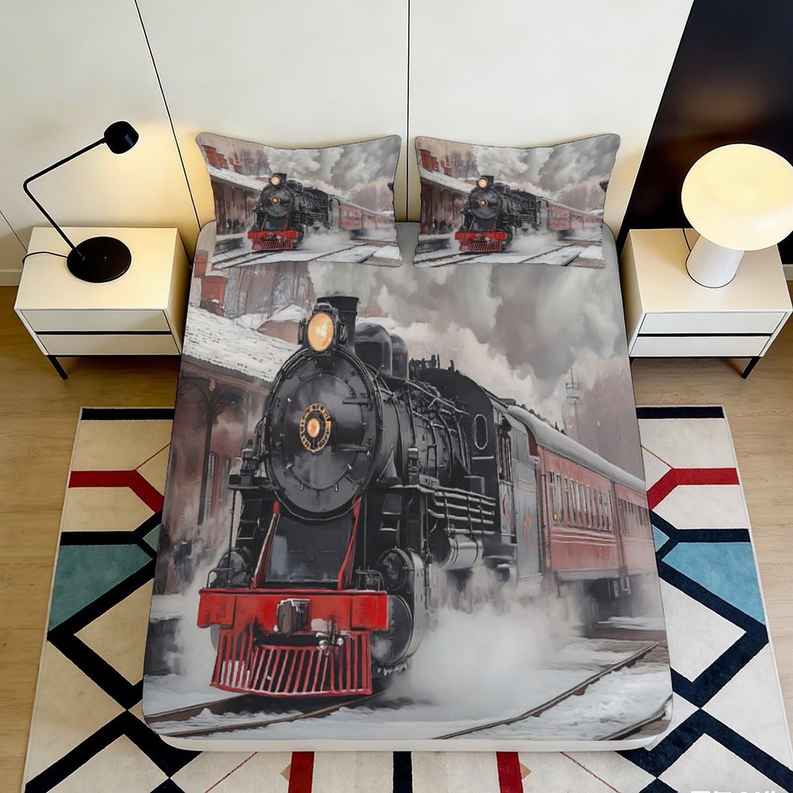 3D Printed Steam Train Railway Fitted Sheet Microfiber Non-slip Bed Cover for Bedroom Guest Room Mattress Protection 160x200x25cm