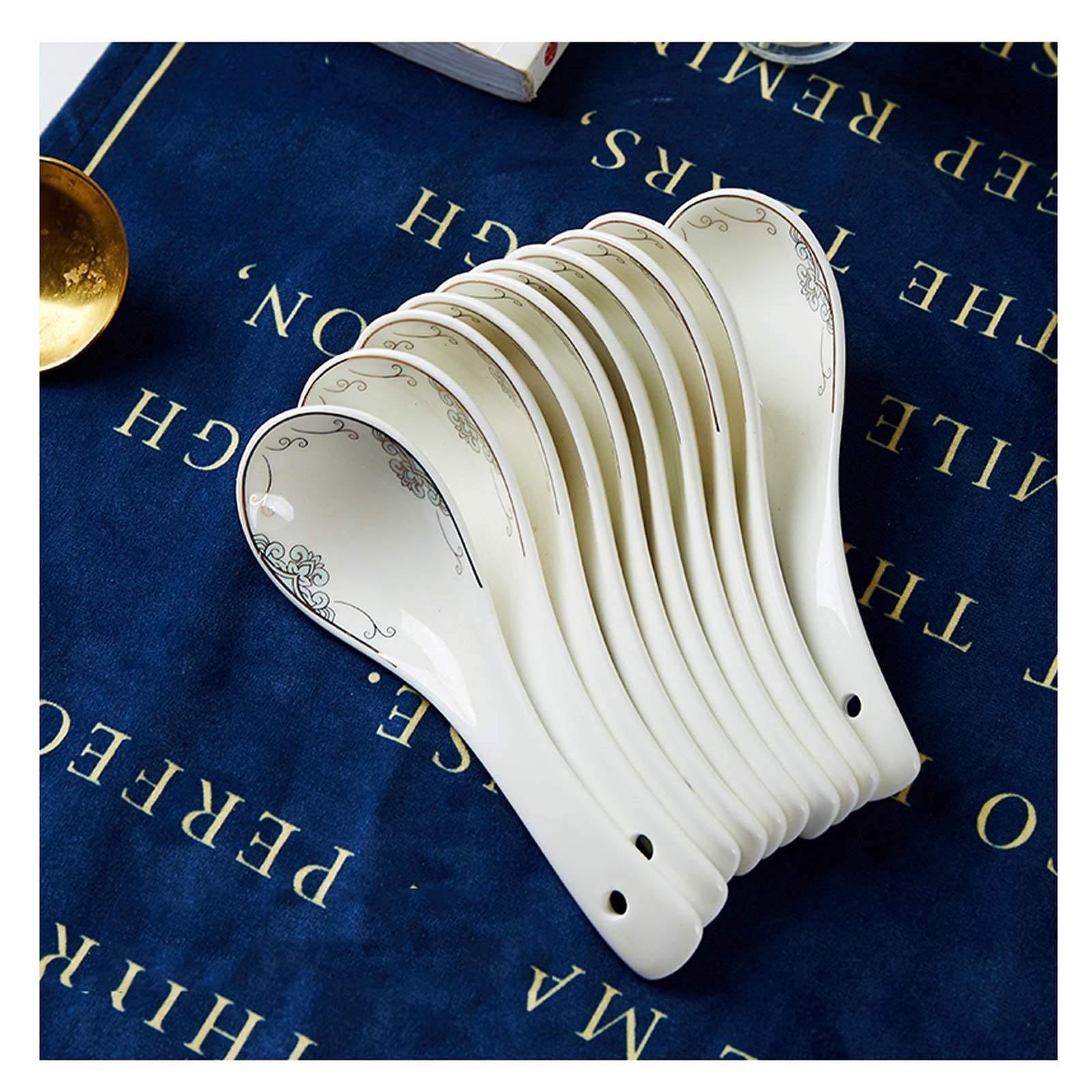 Zestaw łyżek obiadowych, 10 sztuk, małe ceramiczne łyżki do zupy, prosta łyżka z porcelany kostnej, miska i spodek, zestaw naczyń Jingdezhen, łyżka obiadowa/garnek do zupy (kolor: D) (E)