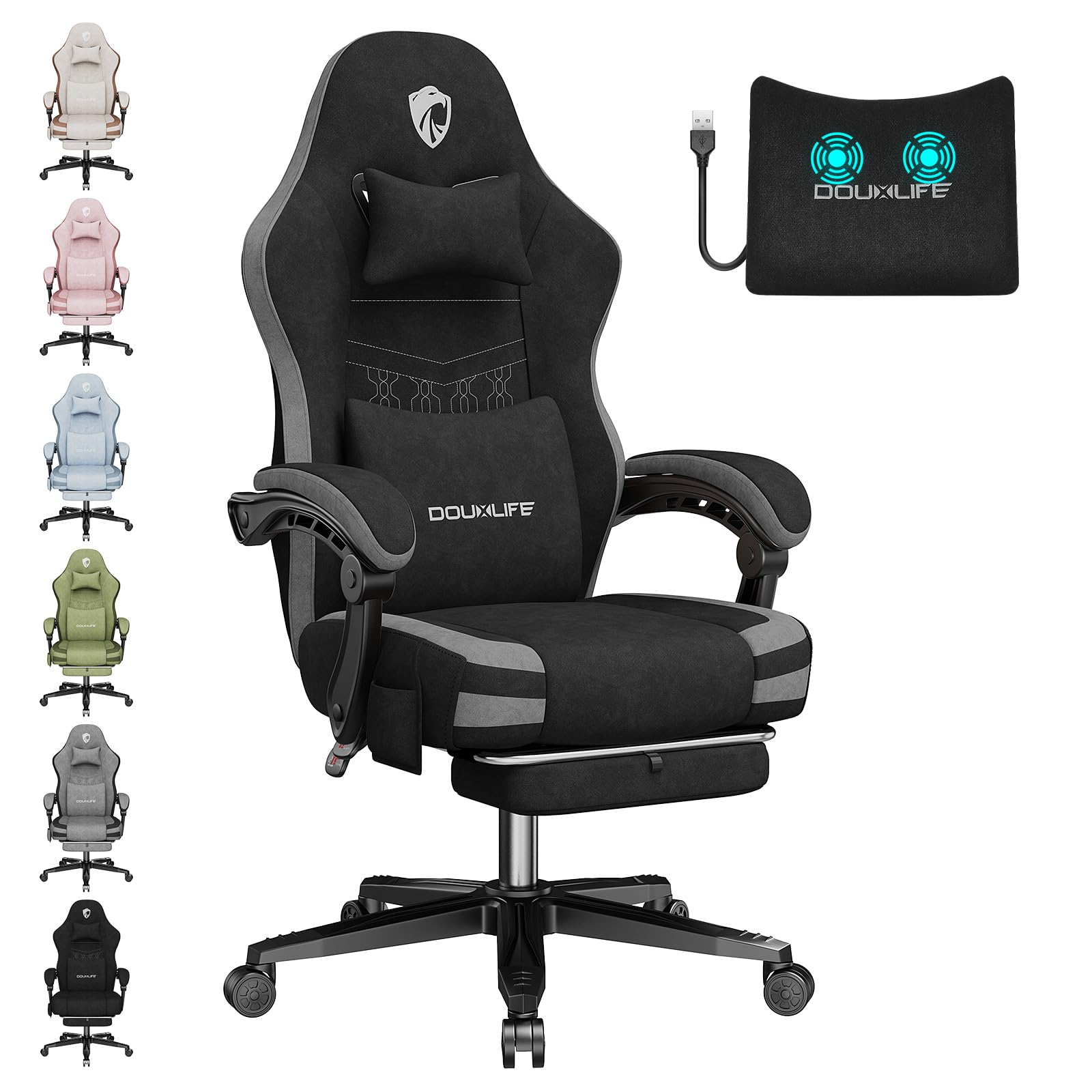 Douxlife Sedia Gaming in tessuto con Cuscino Lombare Massaggiante, Ergonomica Sedia da Ufficio con Cuscino Primaverile, Poggiapiedi, Portata 158kg, Nero Grigio