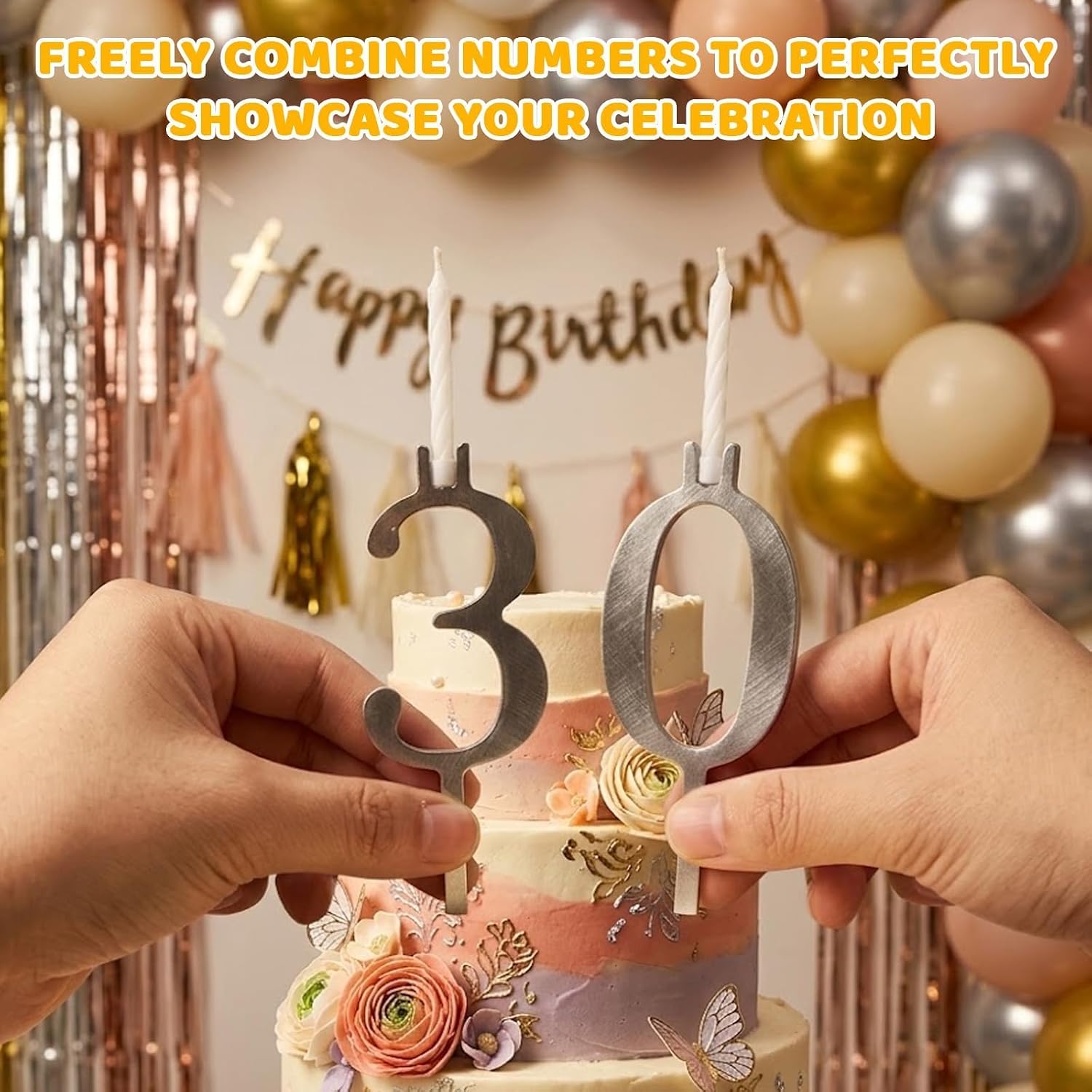Number Candle Holder Set, Number Candle Holders, Reusable Number Candles for Birthday Cakes, Silver Cake Topper Decorations for Birthday Celebrations, Party Cake Decoration