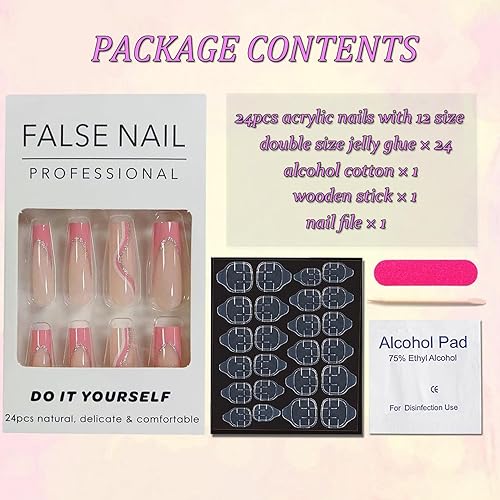 Miniatura 6 de 24 uñas postizas largas a presión, cuadradas, color rosa brillante, puntas de uñas postizas francesas de cobertura completa, diseños de líneas de