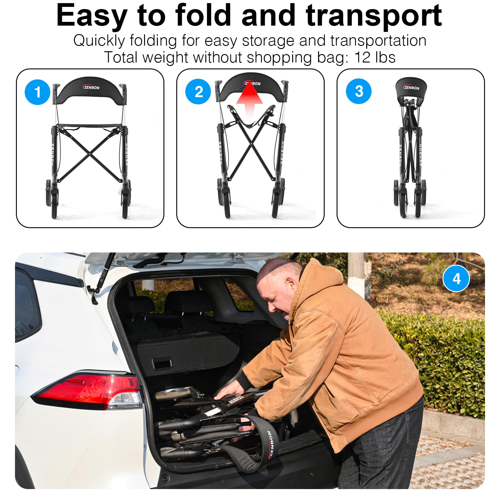 Deambulatore Stretto Carbonio 5,5 kg: Rollator 4 Ruote Pieghevole e Leggero con Sedile Deambulatore per Anziani - Rollator per Interni Pieghevoli Leggeri per Viaggi nel Bagagliaio e in Aereo (Nero)