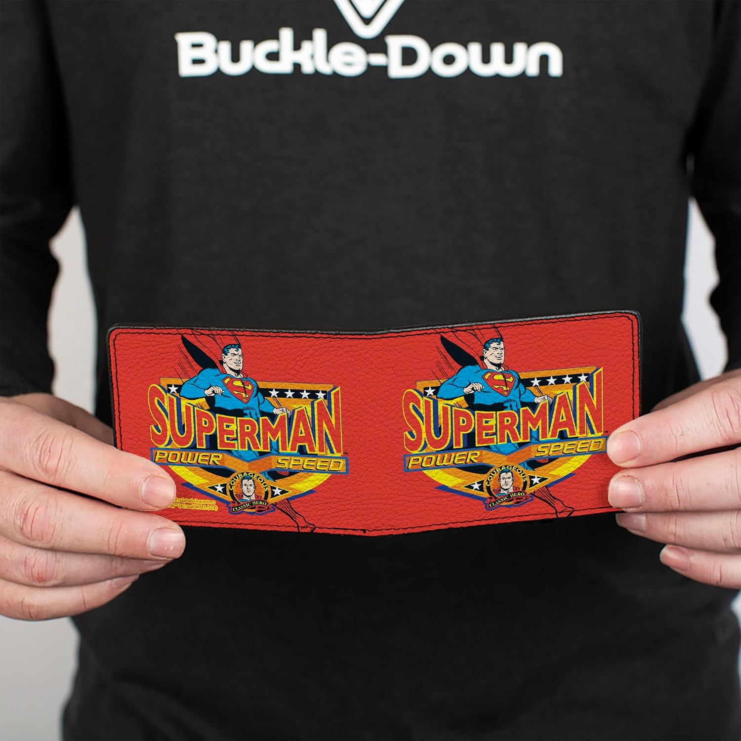 Buckle-Down DC Comics Wallet, Bifold, Superman Power Speed Pose Badge Red, Vegan Leather