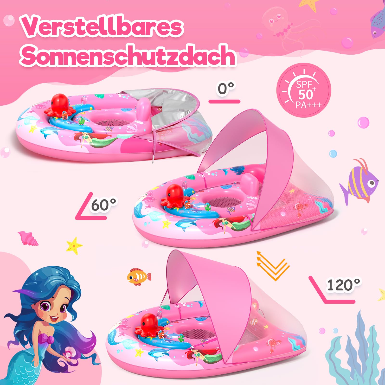 Sunrad Schwimmring Baby mit UPF50+ Sonnendach,Baby Schwimmring ab 6-36 Monate Schwimmhilfe Kinder mit Verstellbarer Sicherheitssitz & Spielzeug,Schwimmreifen Kleinkind Pool Schwimmring