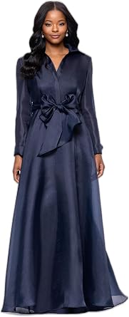 Betsy & Adam Womens Floor-Length, Long Sleeve, Organza Dress, with Tie-Waist Detail