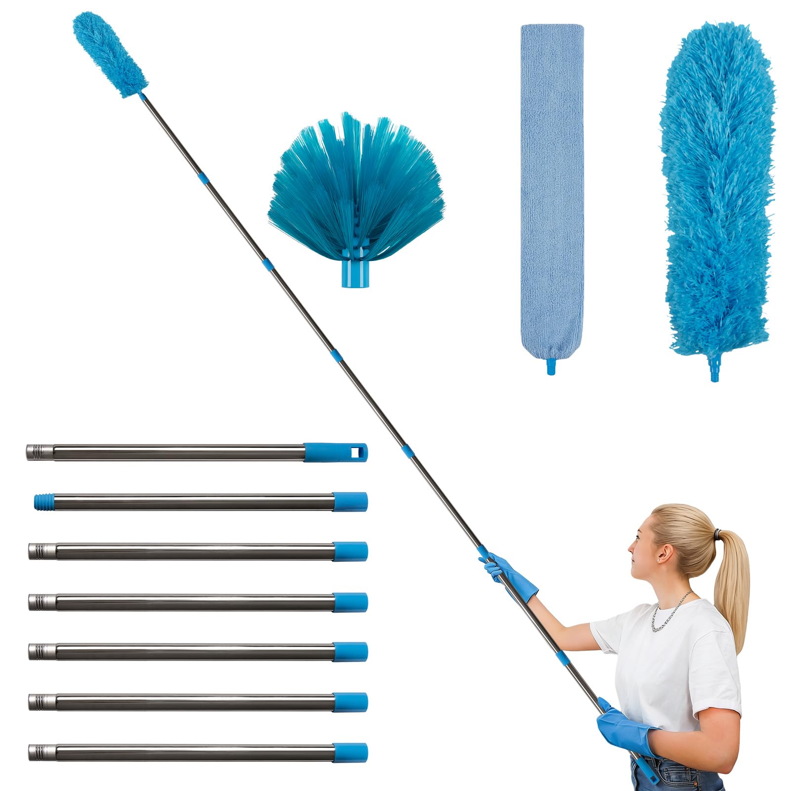 Terafeels Telescopic Duster Long 310cm Washable Duster with 1 Flexible Corner Broom and 1 Cobweb Remover for Cleaning Under Sofa, Furniture, Ceiling Fan, Cobwebs (Blue)
