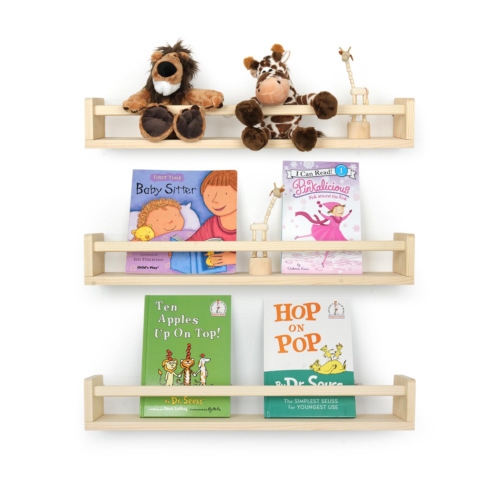 nursery book shelves for wall, 23.6 inch solid wood floating nursery bookshelf, wooden floating shelves for toys and decor storage, 23.6 inch set of 3 natural wood