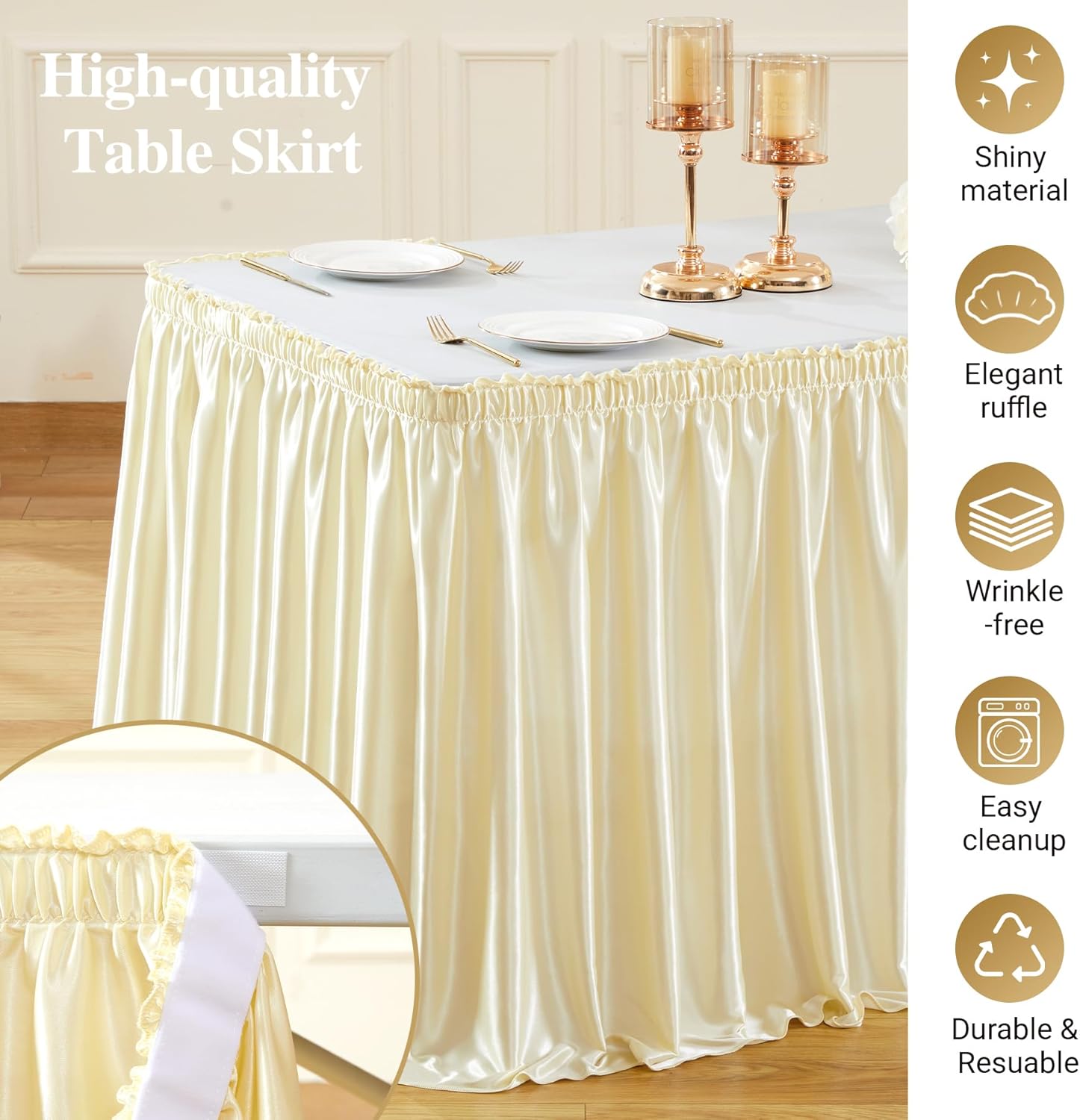 9Ft Champagne Satin Table Skirt for Rectangle or Round Tables, Wrinkle-Free & Ruffle Pleated Teacher Desk Skirt Sparkly Spandex Table Skirting for Home Office & Kitchen, Trade Shows, Wedding Party