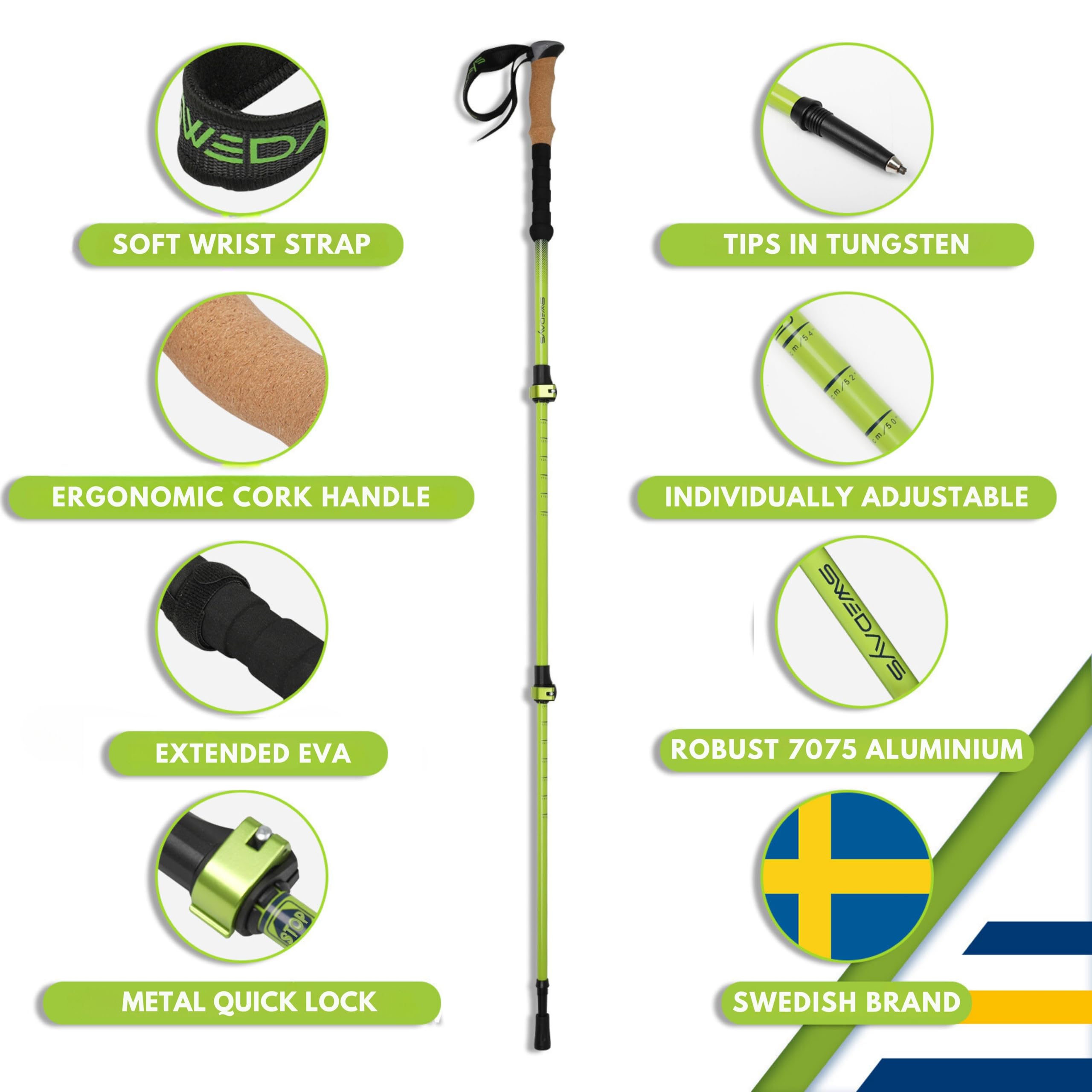 Bastoncini Trekking Telescopici SWEDAYS - Alluminio 7075, Manico In Sughero, Regolabili 105-135cm - Foto 3
