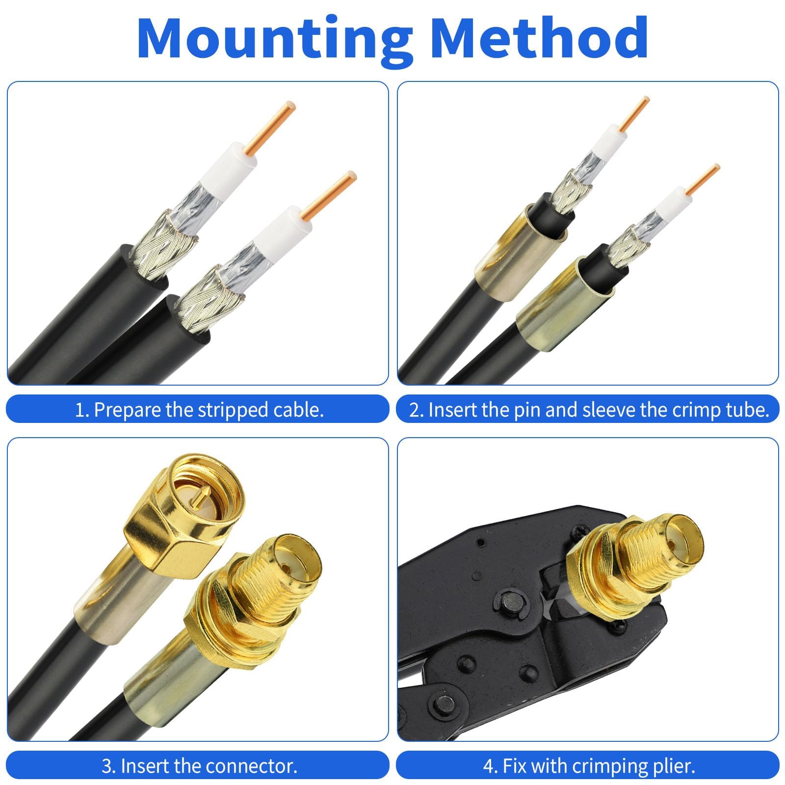Superbat Kit Connettori RPSMA 10 Pezzi Maschio Femmina Crimpare Saldare 50 Ohm RF Cavo Coassiale RG58 LMR195