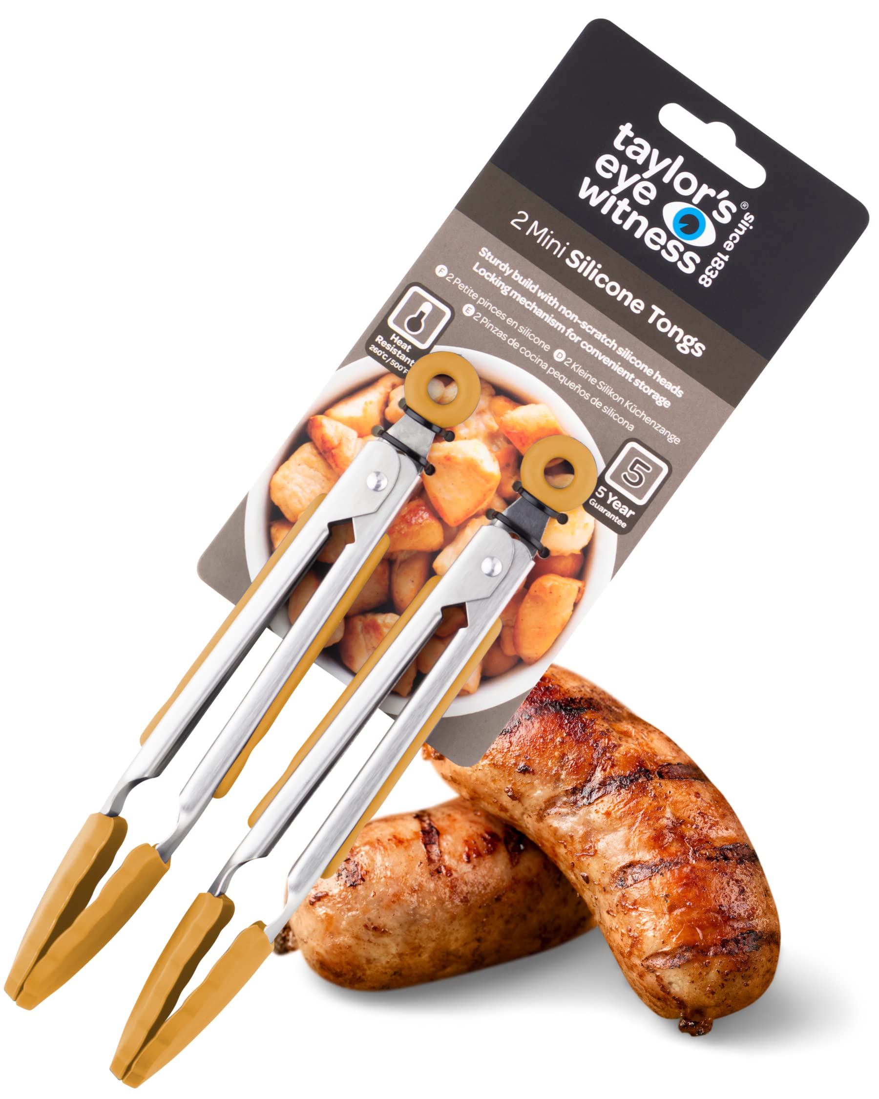 Taylors Eye Witness 2 Small Steel Yellow Silicone Tongs, Dishwasher Safe. Sturdy Build, Non-Scratch Heads