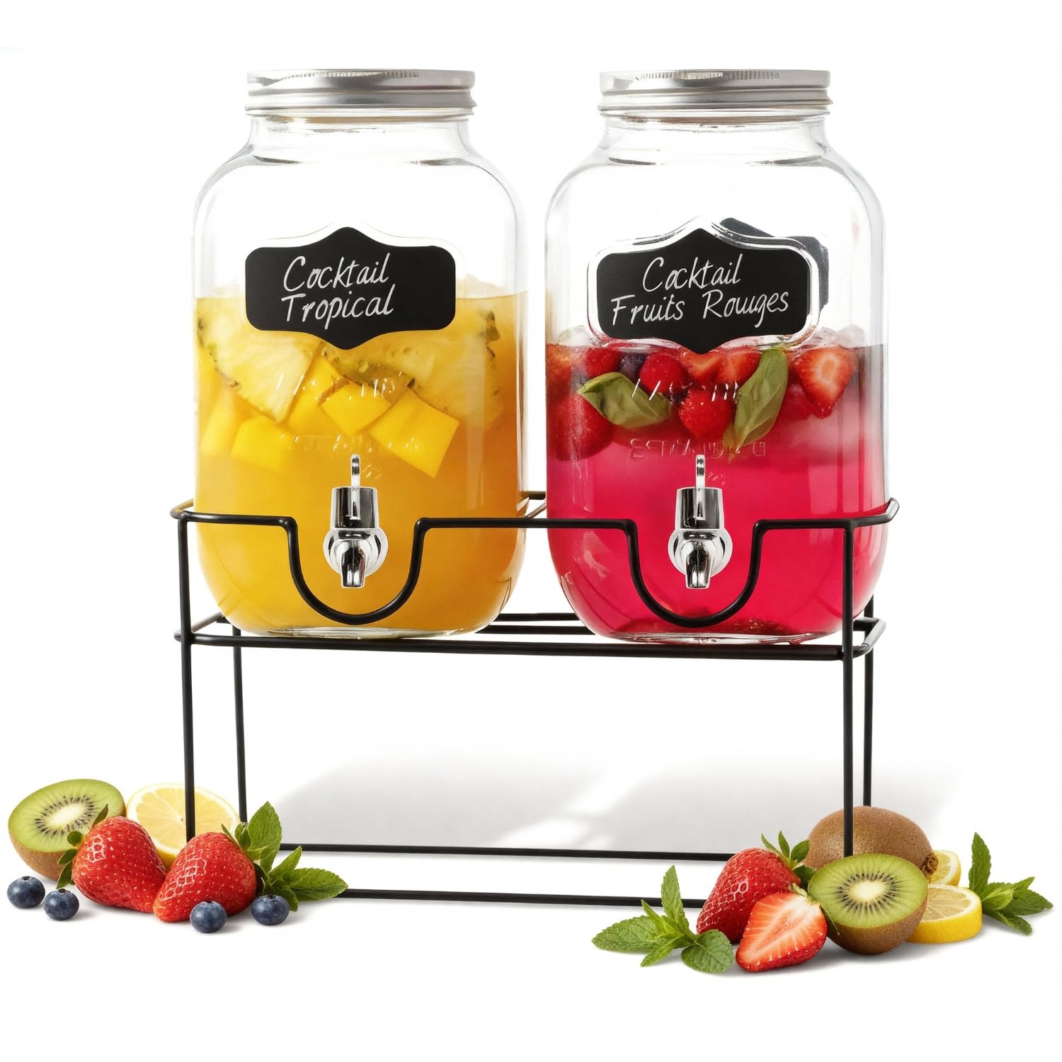 Distributeur Boisson Double avec Robinet 8 L (2x4L) - Fontaine à Eau et Cocktail - Bol à Punch - Jarre en Verre pour Limonades - Bonbonne - Bocal pour vos Fêtes et Anniversaires
