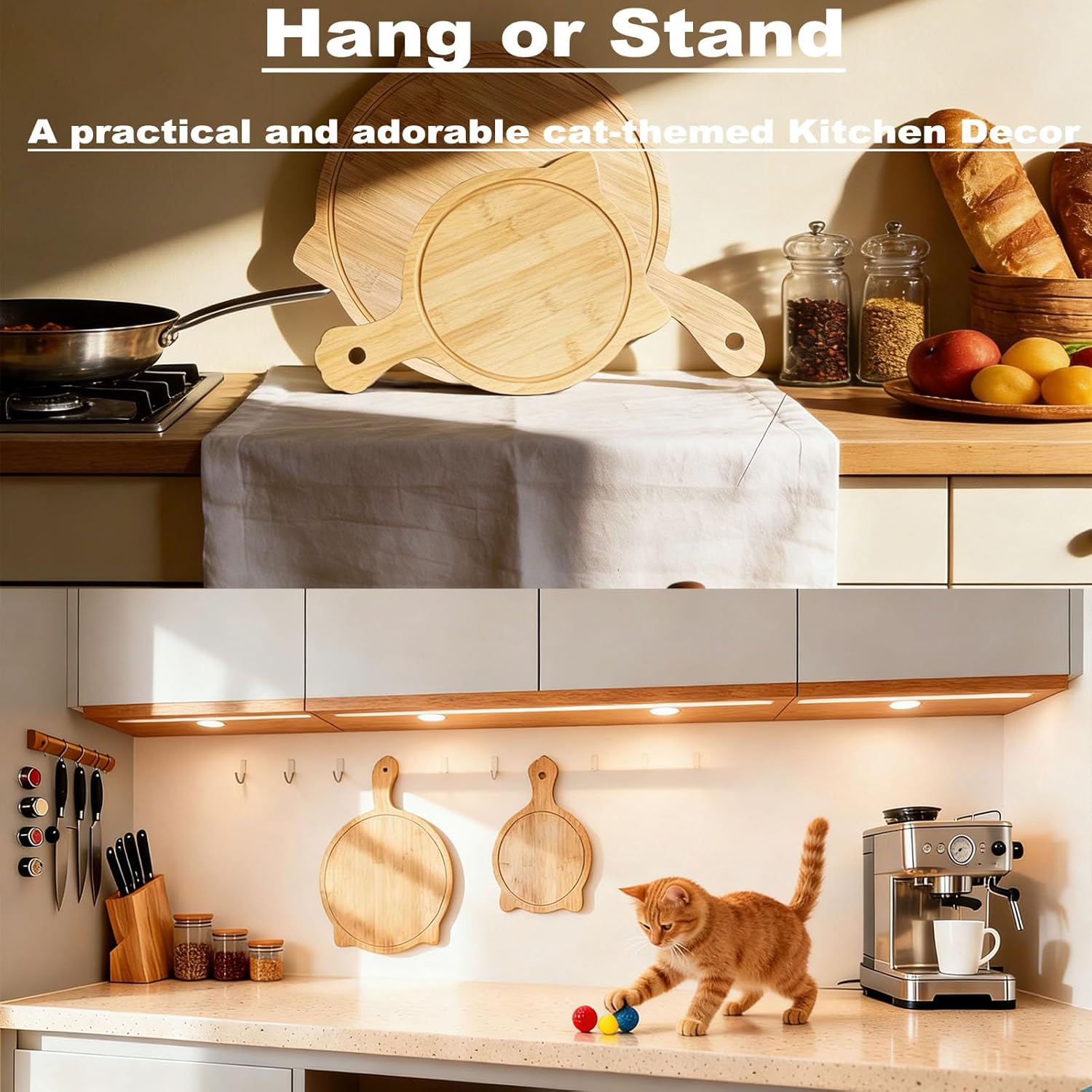 2 Pcs Non Toxic Bamboo Cutting Boards for Kitchen with Juice Groove, Cat Shaped Cute Charcuterie Boards & Serving Tray with Handle - Funny Kitchen Decor & Gifts for Cat Lovers Women Housewarming