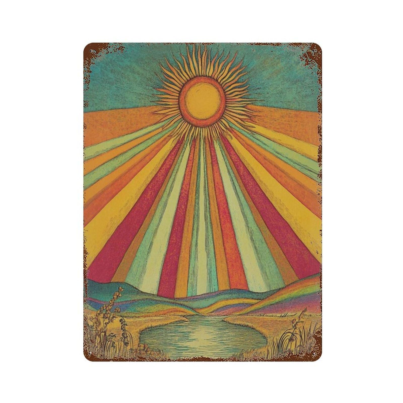 xiaoxiaoshen Psychedelic Sun Retro Rainbow Colorful Landscape Trippy Sunshine Wall Decor Art Metal Tin Poster Modern Home Decor Art Home Bar Shop Decorations Vintage Sign 40x30cm
