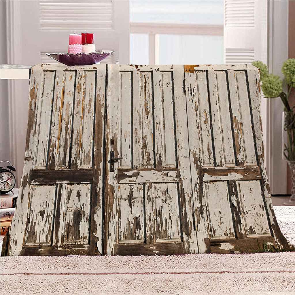 Couverture flanelle 150x200cm motif porte en bois blanc plaid microfibre pour lit et canapé