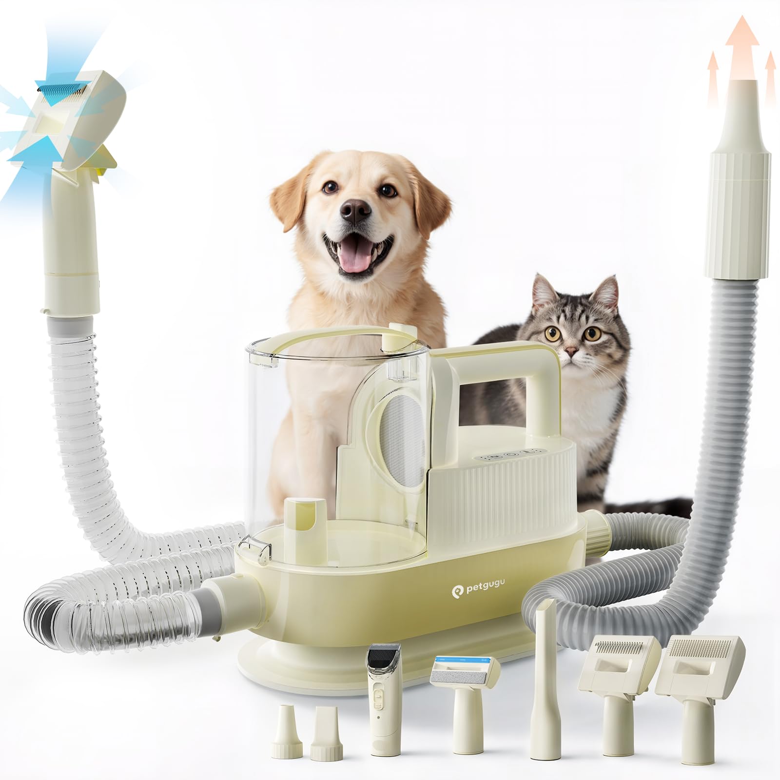 PETGUGU Tosatrice per Cani con Aspirapolvere, 7-in-1 Toelettatura per Cani e Gatti, 11000Pa Potente Aspirazione, Contenitore 2.5L, Dispositivo Silenzioso con 3 Livelli e Funzione Asciugatura, M1 Pro