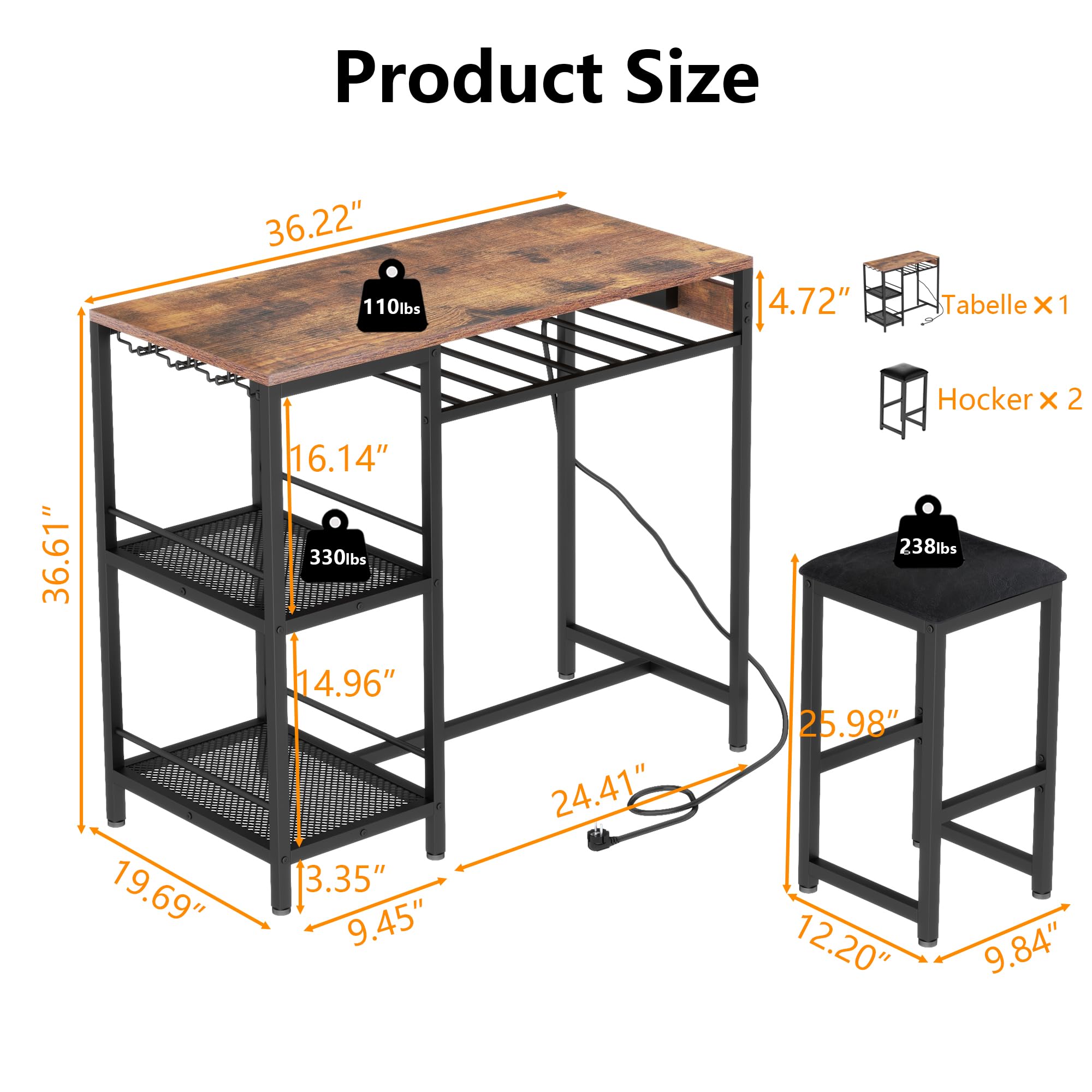 Gyfimoie Bartisch mit Barhocker Set, Stehtisch mit 2 Barhockern und Ladestation, Esstisch Set mit 2 Seitenregalen, Stahlgestell, Industrie-Design, Küchentisch für Esszimmer, Küche, Wohnzimmer