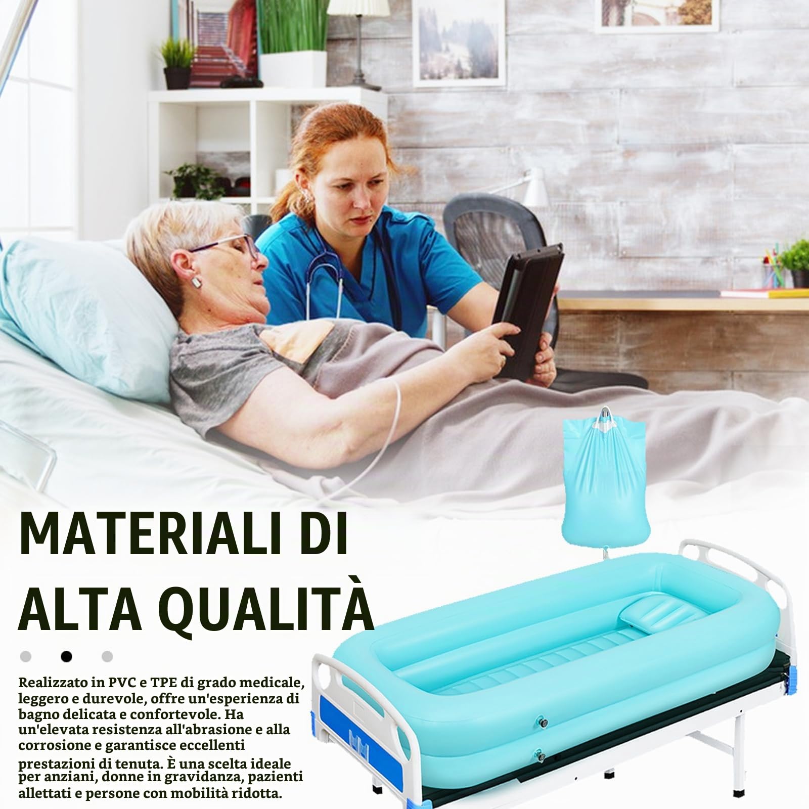 Vasca per Doccia, Vasca da Bagno Gonfiabile, Set Vasca da Bagno Doccia Gonfiabile Medica, Sistema Doccia Portatile sul Comodino, Sistema Doccia con Pompa per Anziani/Disabili/Costretti a Letto