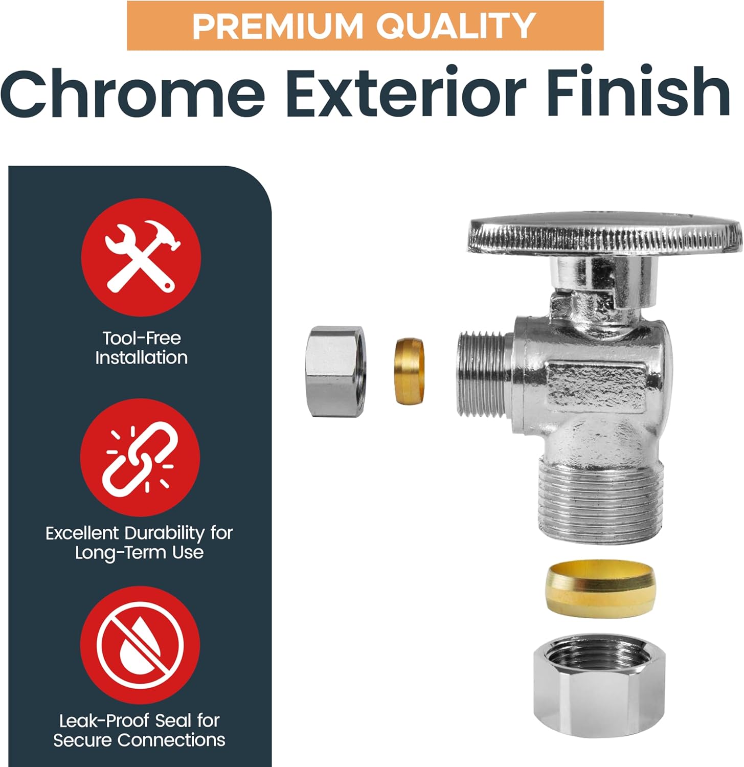 CMI 1/2" Compression Angle Stop Valve, Dual Outlet 1/4 Turn, 5/8" x 3/8" OD, Chrome Brass, w/Escutcheon & Tape – 10 Pack for Sink, Toilet, Faucet Plumbing