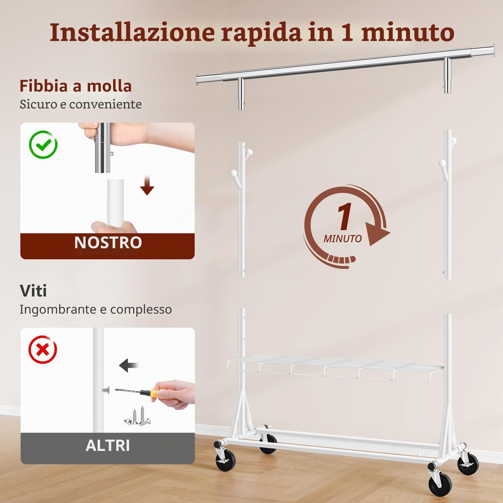 FAVOOSTY Stand Appendiabiti con Ruote, Attaccapanni Estensibile per Carichi Pesanti, Portata Totale 200 kg - 50 x (106-176) x 170 cm, installazione rapida 1 minuto,Bianco