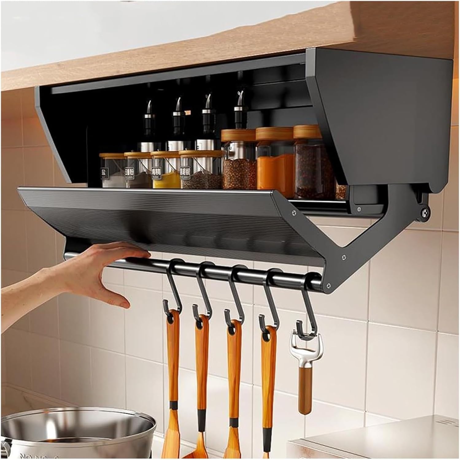 OLSKFUH Sliding Spice Rack Extension Spice Cabinet 2 Tier Pull Down Cabinet Organiser Upper Wall Cabinet Storage Organiser With Doors And Handles Space Saving Black,