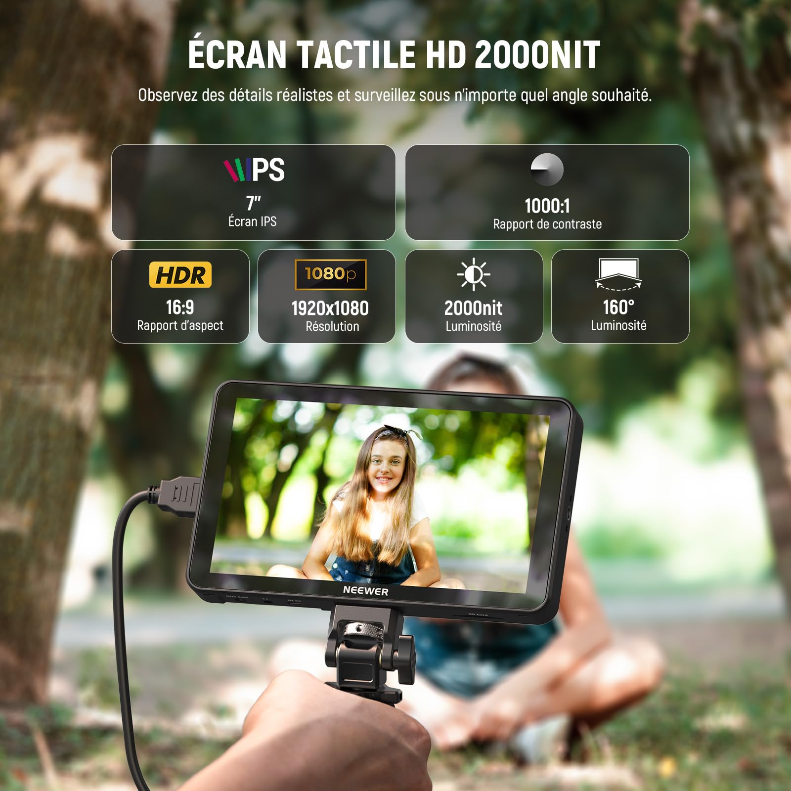 NEEWER F700 Moniteur Terrain pour Caméra 7",écran Tactile IPS HD 2000nit 1920x1080 avec 3D LUT,Boucle d'Entrée/Sortie HDMI 4K avec Peak Focus DSLR Video Assist HDR Waveform,2 Batteries NP-F750 & Câble