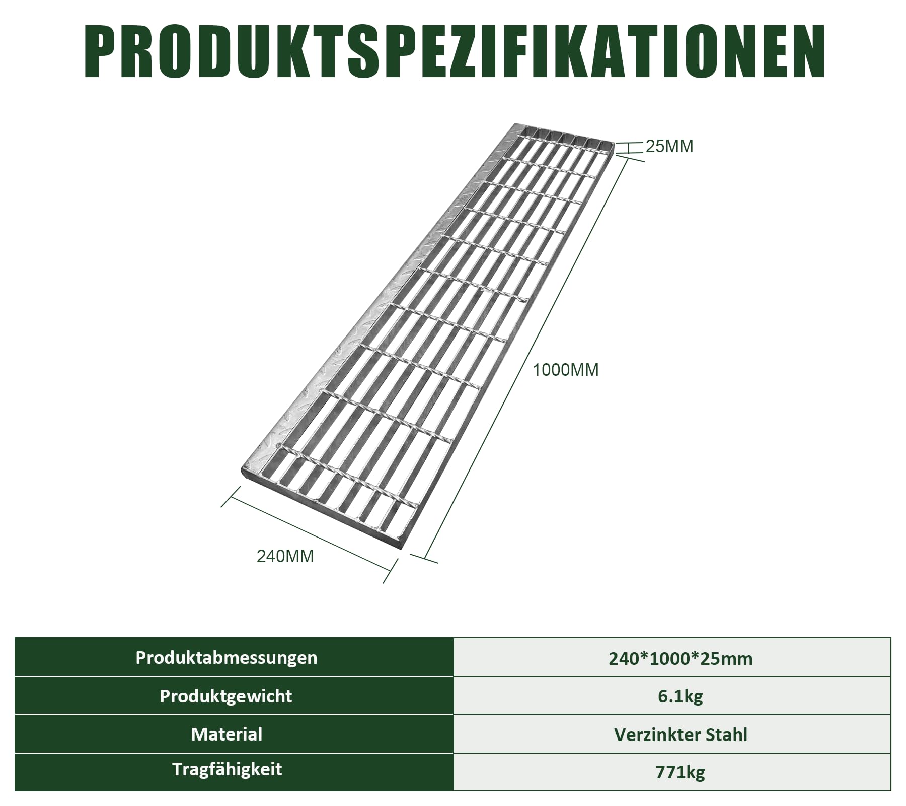 Rejilla de 240 x 1000 x 25 mm, rejilla galvanizada, antideslizante, apta para escape, fábrica, escaleras exteriores, sótano, taller, área industrial, jardín, granja