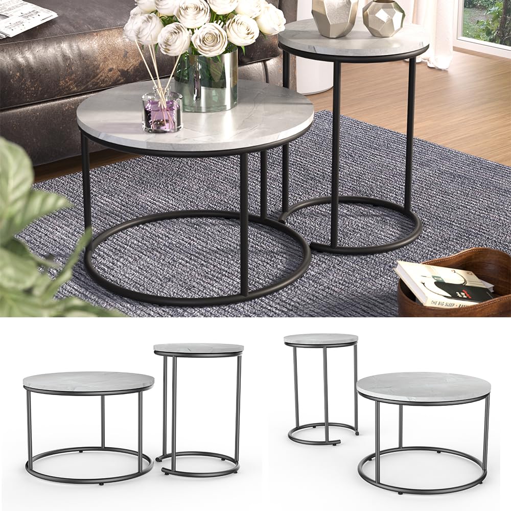 Vicco Set di tavolini da salotto Ottawa, Marmo bianco, 55 x 55 cm 2 parti, per un utilizzo flessibile come tavolini d’appoggio e tavolini laterali