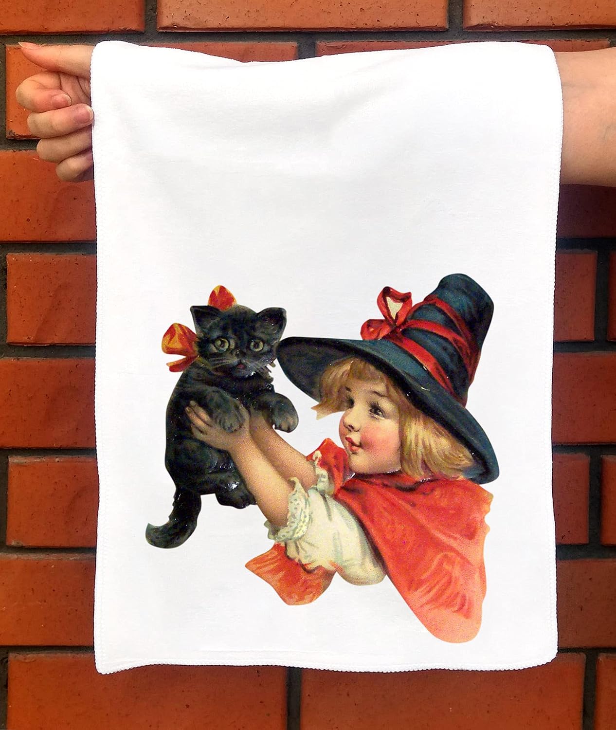 Hand Towel * Halloween * Young Witch and Black Kitten * Vintage Cards Poster Illustration * Microfibre Towel 12"x25"