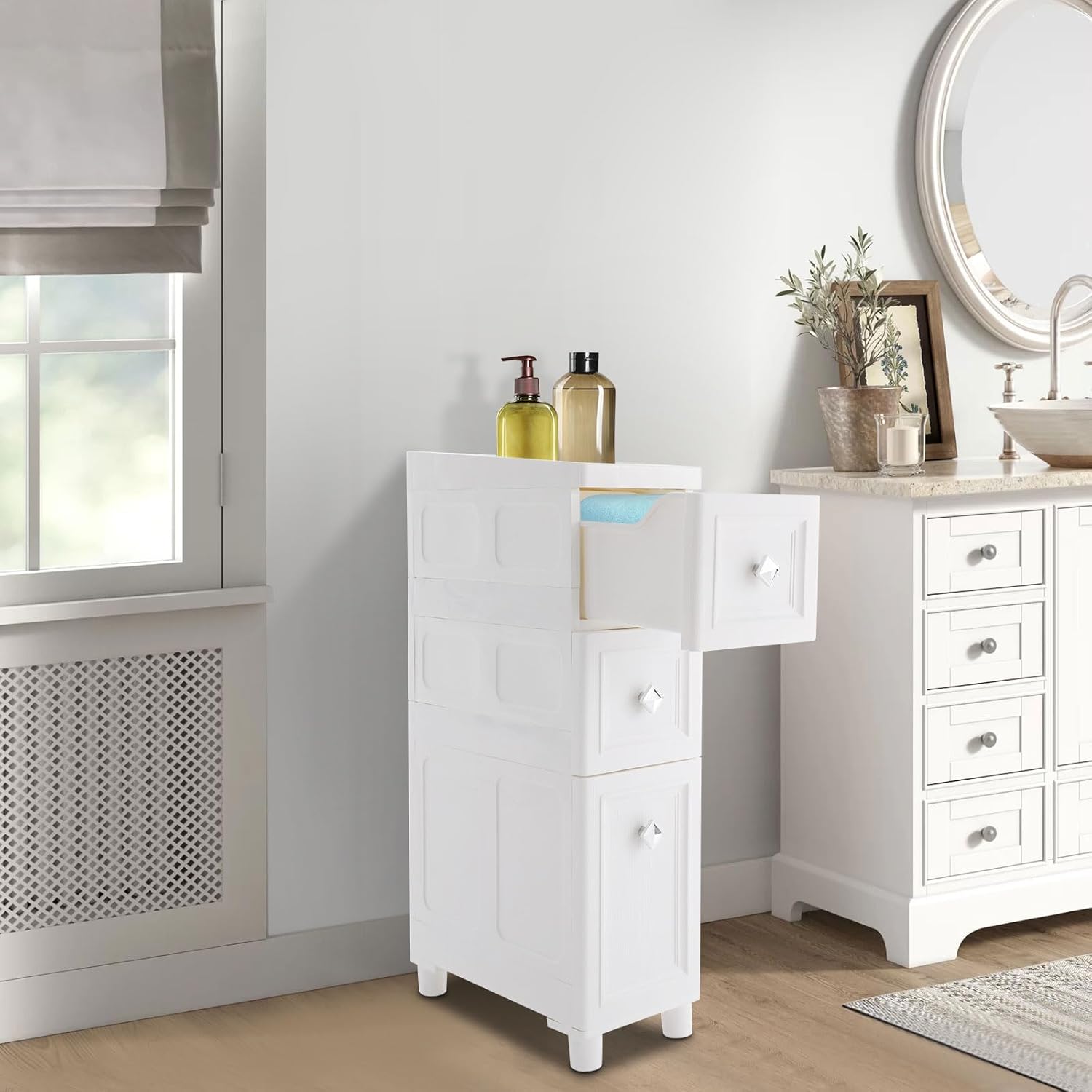 3-Drawer Narrow Storage Cabinet, 8.7"x15.7"x31.7" Slim Bathroom Storage Cabinet, Bathroom Floor Cabinet for Small Spaces, Laundry, Living Room, Kitchen, Bathroom, Office, Home