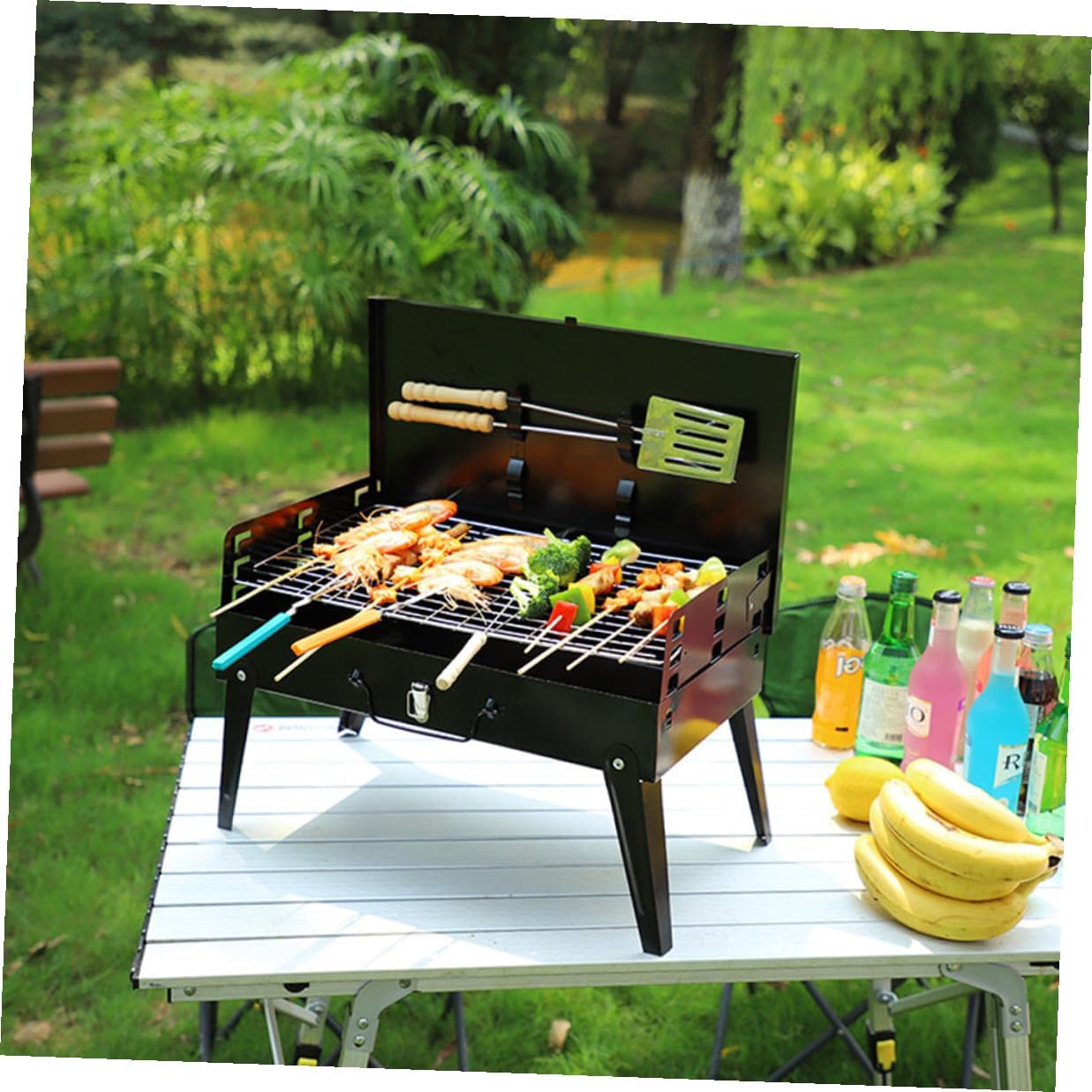 Portable Folding Camping Barbecue Stove 44x27x47cm with Bbq Tools Box Outdoor Portable Bbq Grill for Hiking Picnic and Tailgating