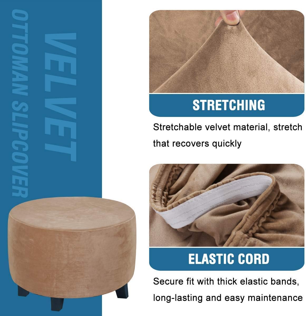 H.VERSAILTEX Velvet 4 Piece Sofa Slipcover for 3 Cushion Couch, Camel Bundles Round Ottoman Slipcover (Medium, Camel)
