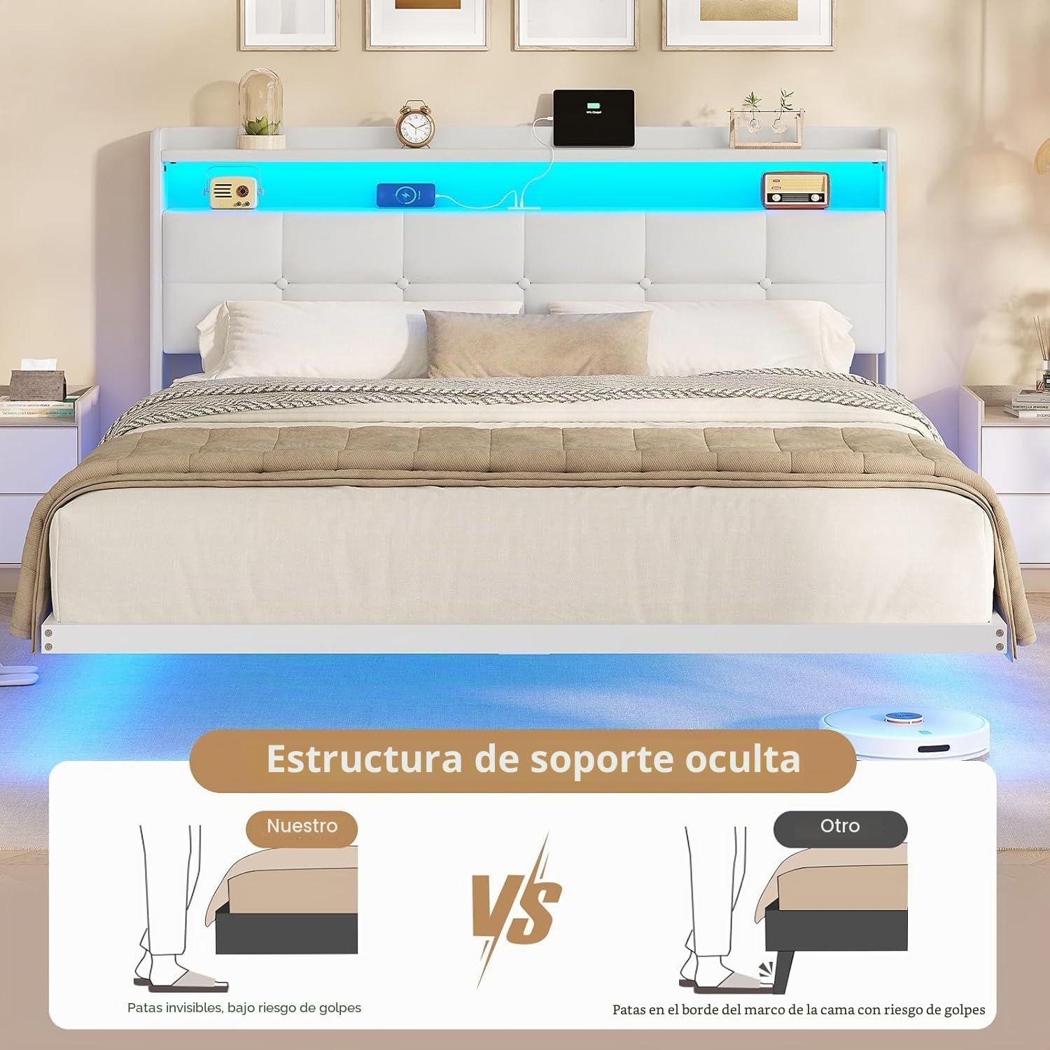 AOGLLATI Cama de matrimonio de 160 x 200 cm con efecto visual levitante, estructura de cama con LED y estación de carga, cama con cabecero acolchado y estructura de metal, sin colchón, color blanco